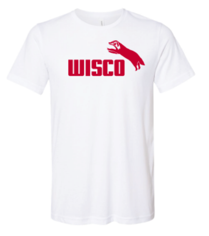 Sueded cotton unisex white tshirt with Wisco INTL screen printed graphic featuring Jumping Badger in the Puma style.