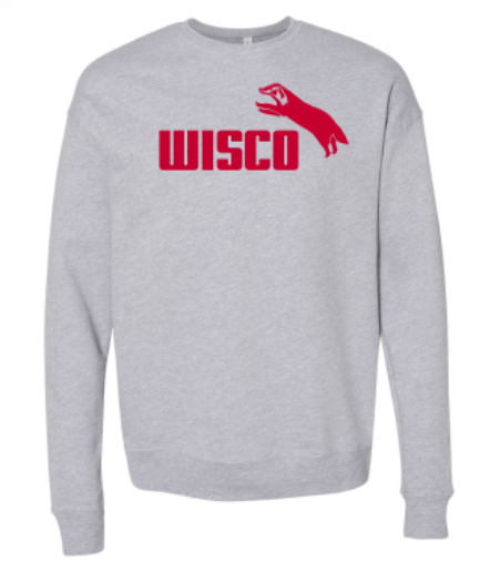 A unisex crewneck sweatshirt in classic athletic heather grey with Wisco INTL screen printed graphic featuring Jumping Badger in the Puma style.