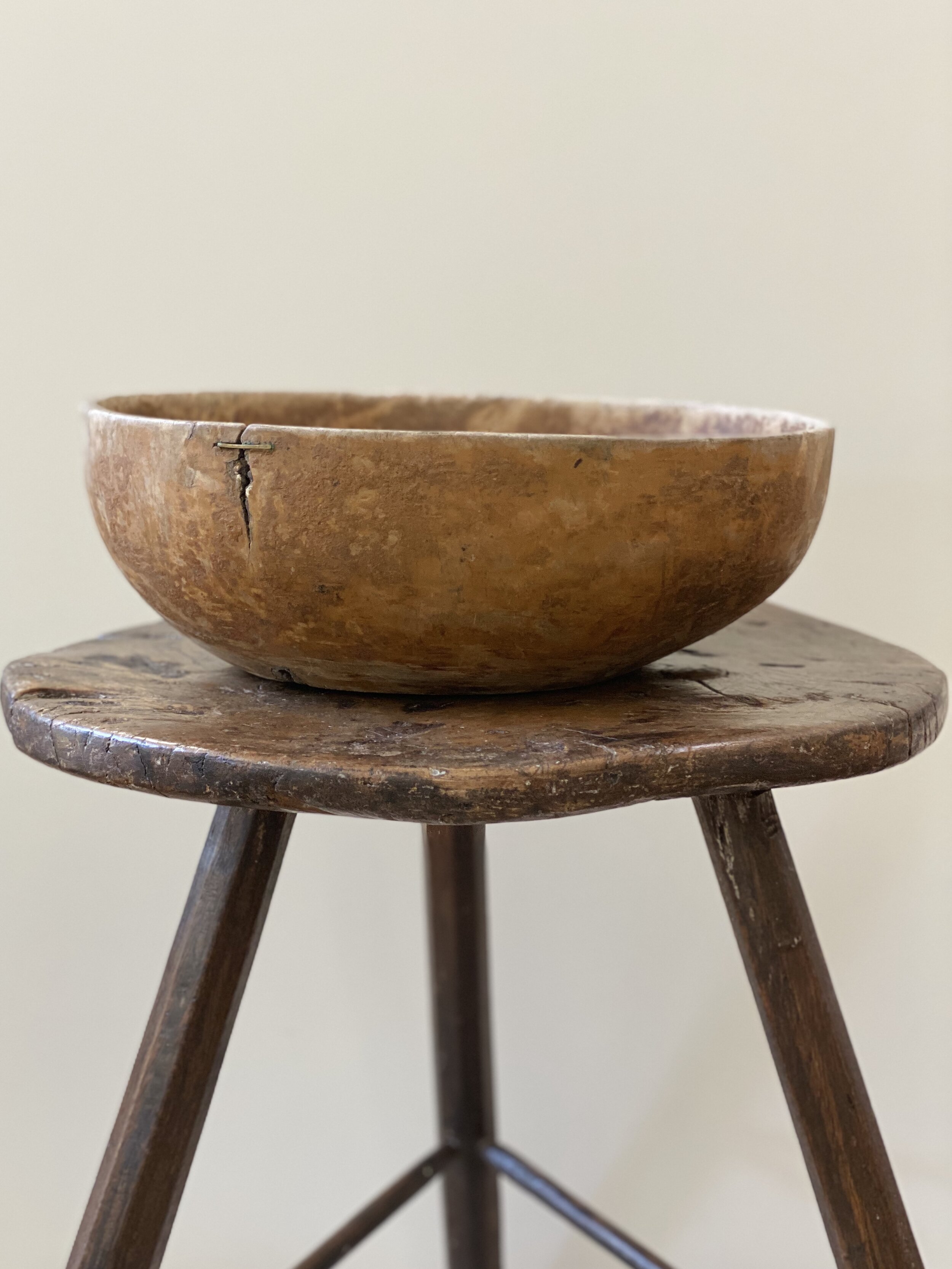 Swedish Root Bowl with Original Paint and Old Repair, Circa 1800 15 inches x 12 1/2 inches x 5 inches