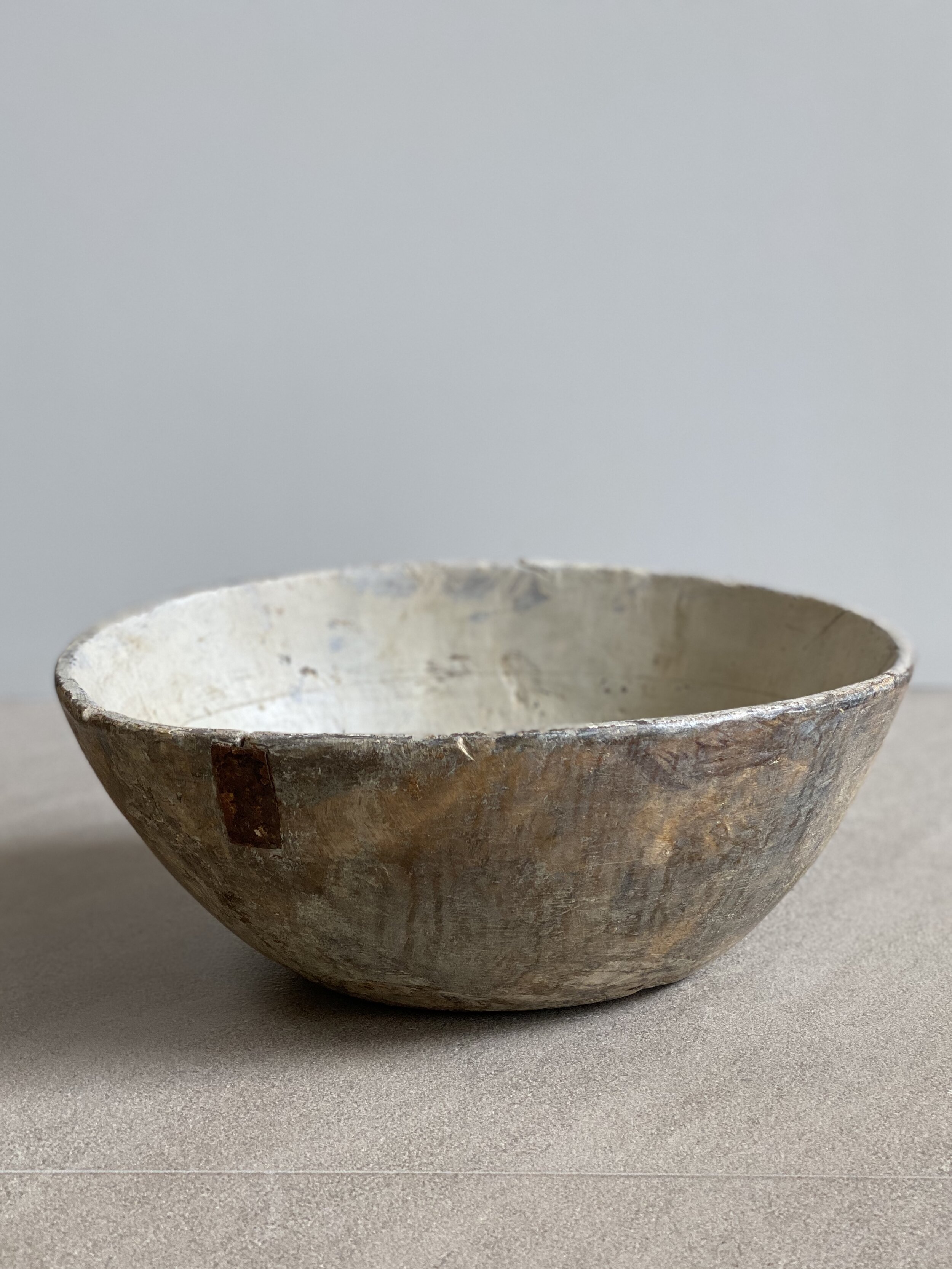 Swedish Root Bowl with old repairs and original paint, c 1800 11 1/2 x 14 x 5 inches