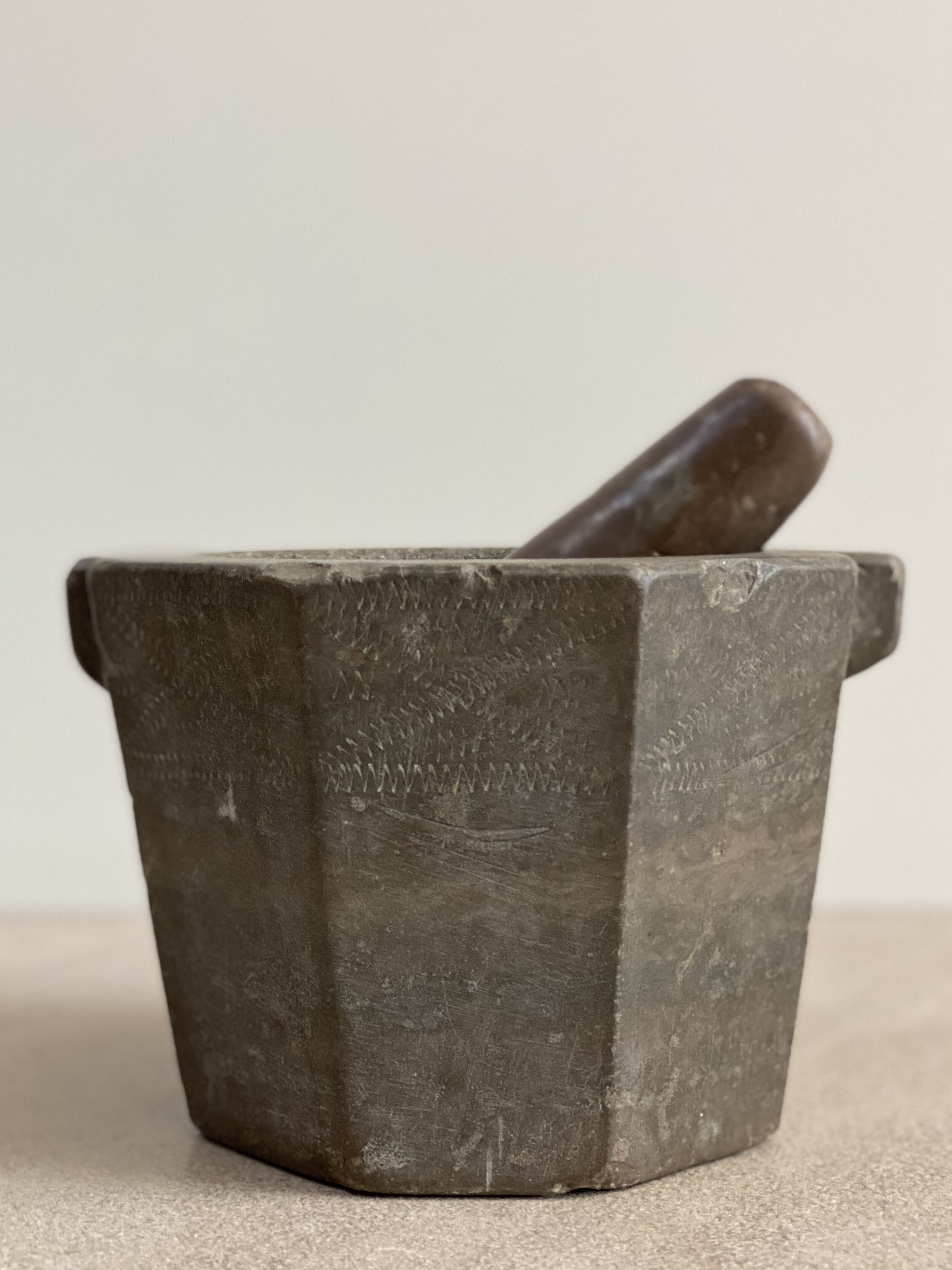 Carved Marble Mortar and Pestle, Sweden 18th Century 8 x 5 1/4 inches