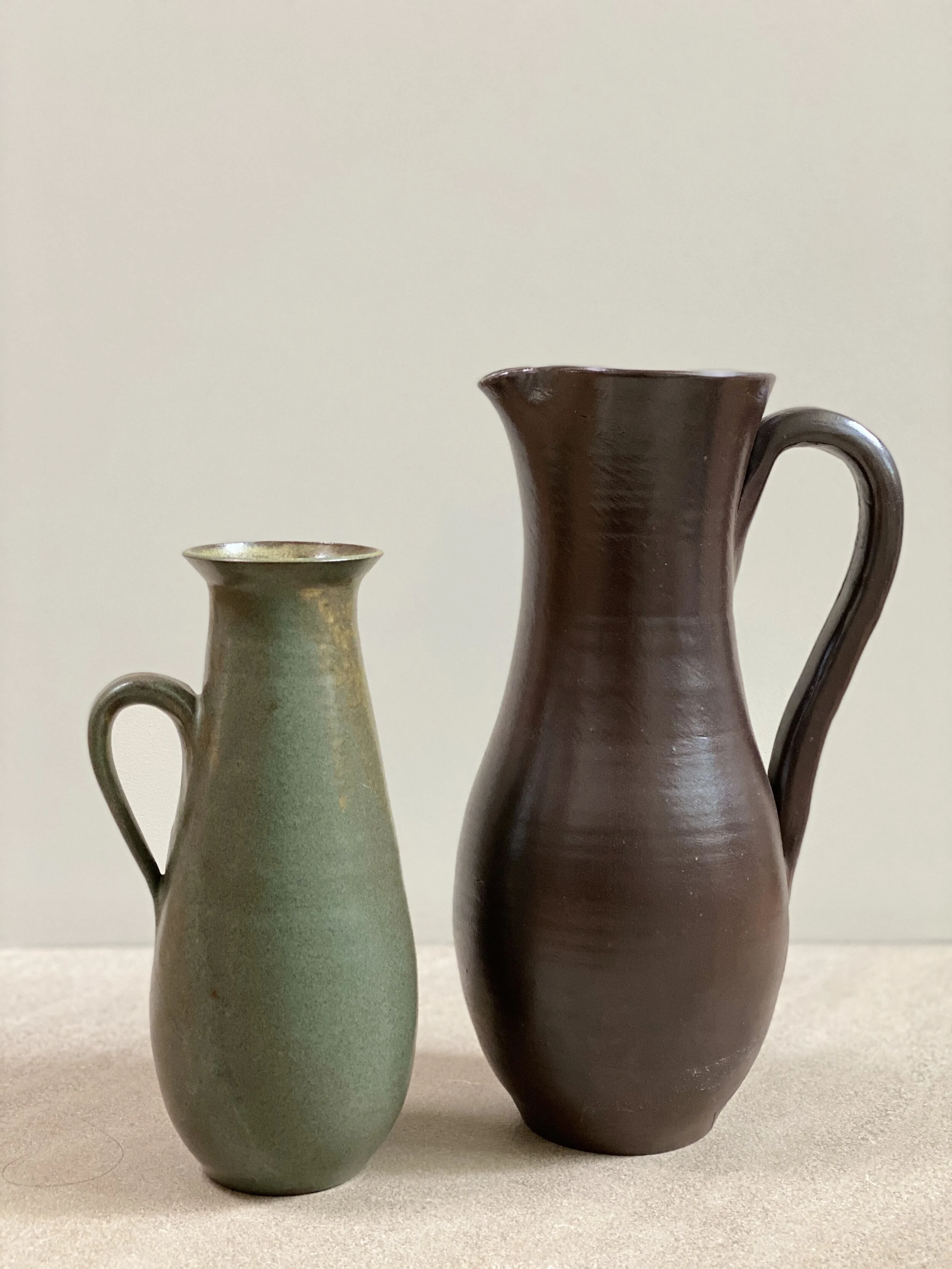 French Midcentury Ceramic Pitchers 9 3/4 and 12 1/2 inches tall