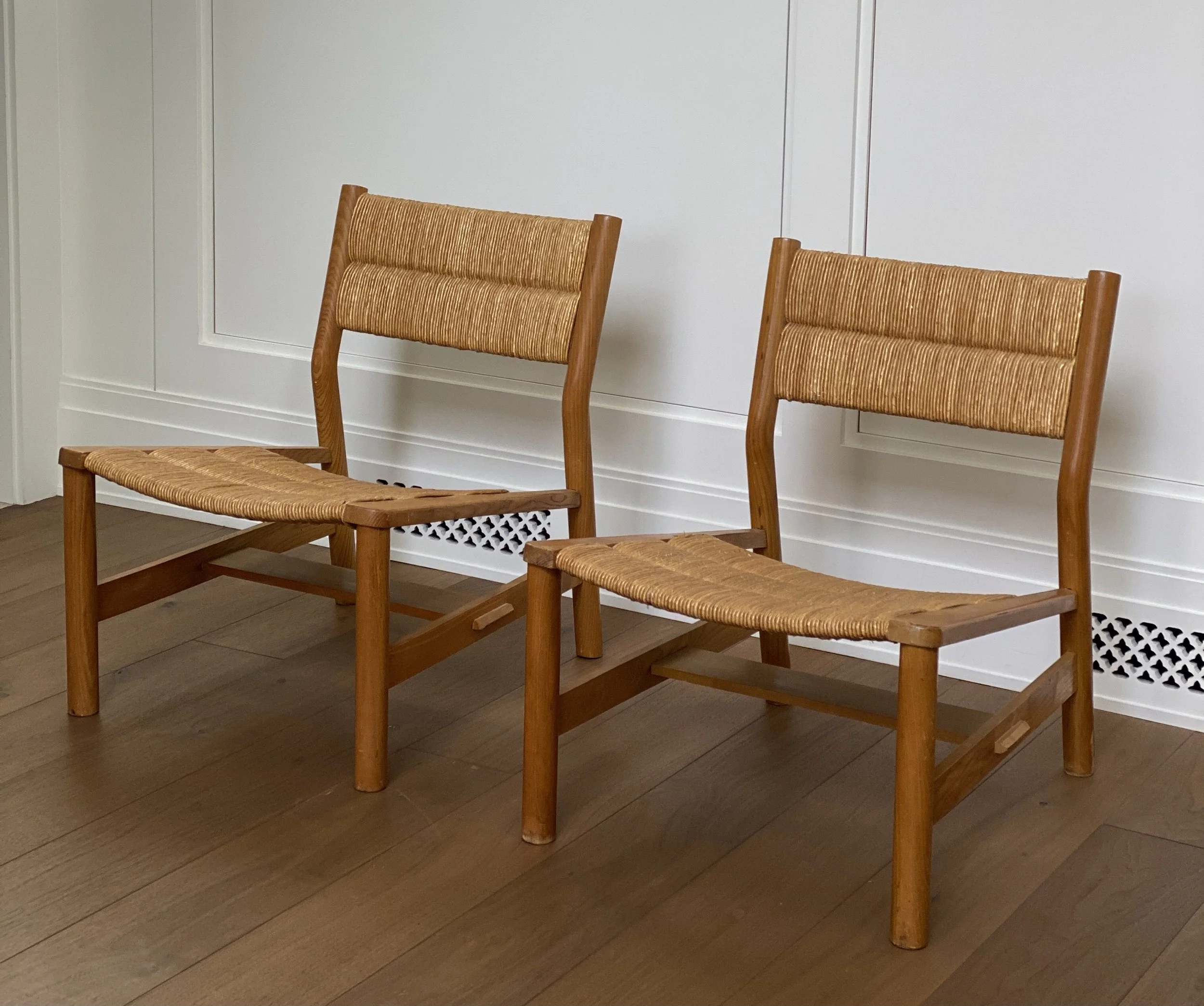 Weekend Lounge Chairs in Ash and Straw by Pierre Gautier-Delaye, France c. 1950 27 1/2 (H) x 21 3/4 (W) x 27 1/2 (D) Seat Height 15 inches