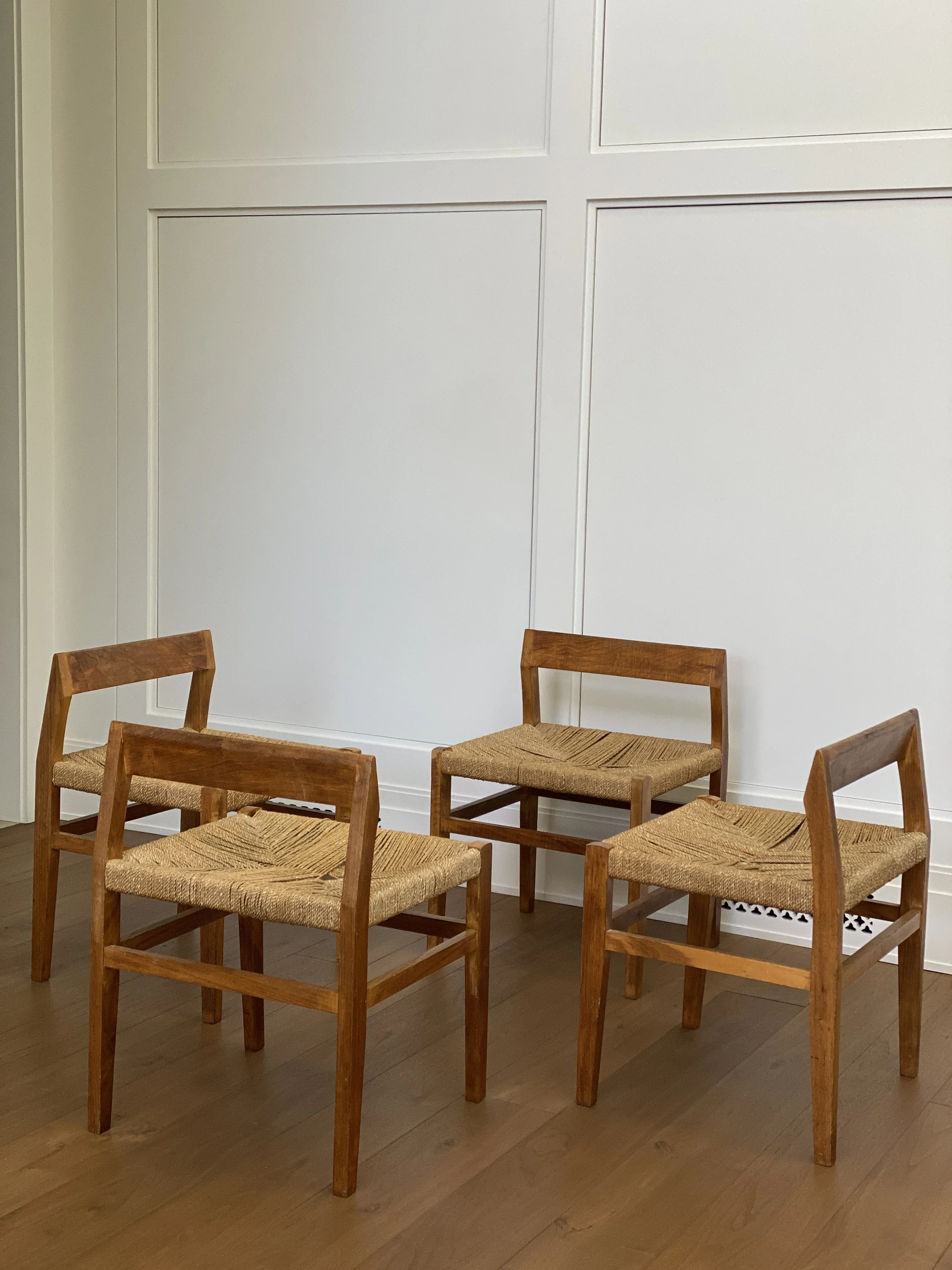 Set of Four Midcentury Chairs in Wood and Rope, France 20 x 18 ¼ D x 27 H | seat height 18 1/2