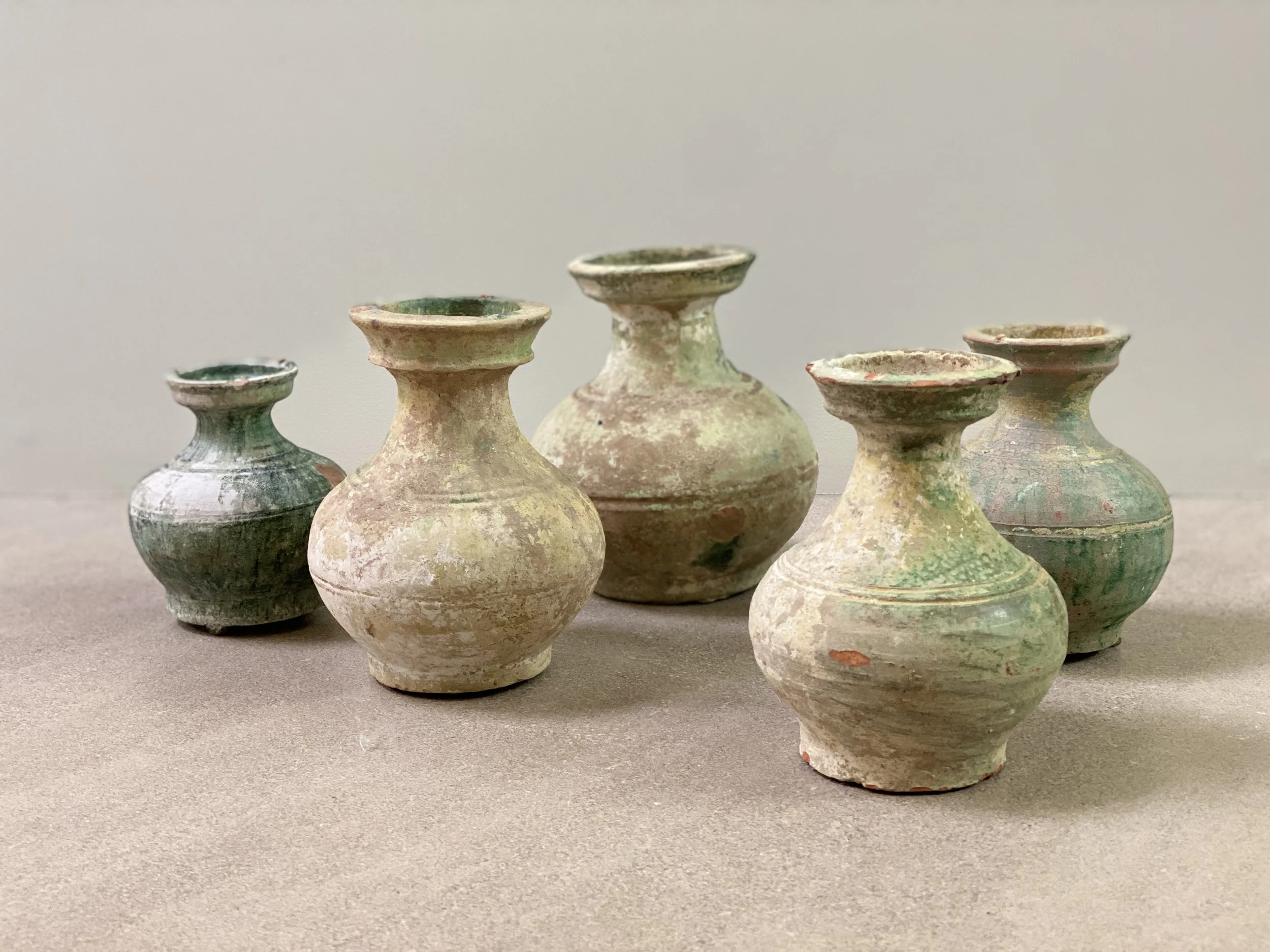 Five Small Han Dynasty Vases with Original Glaze 5 - 6 1/2 inches tall