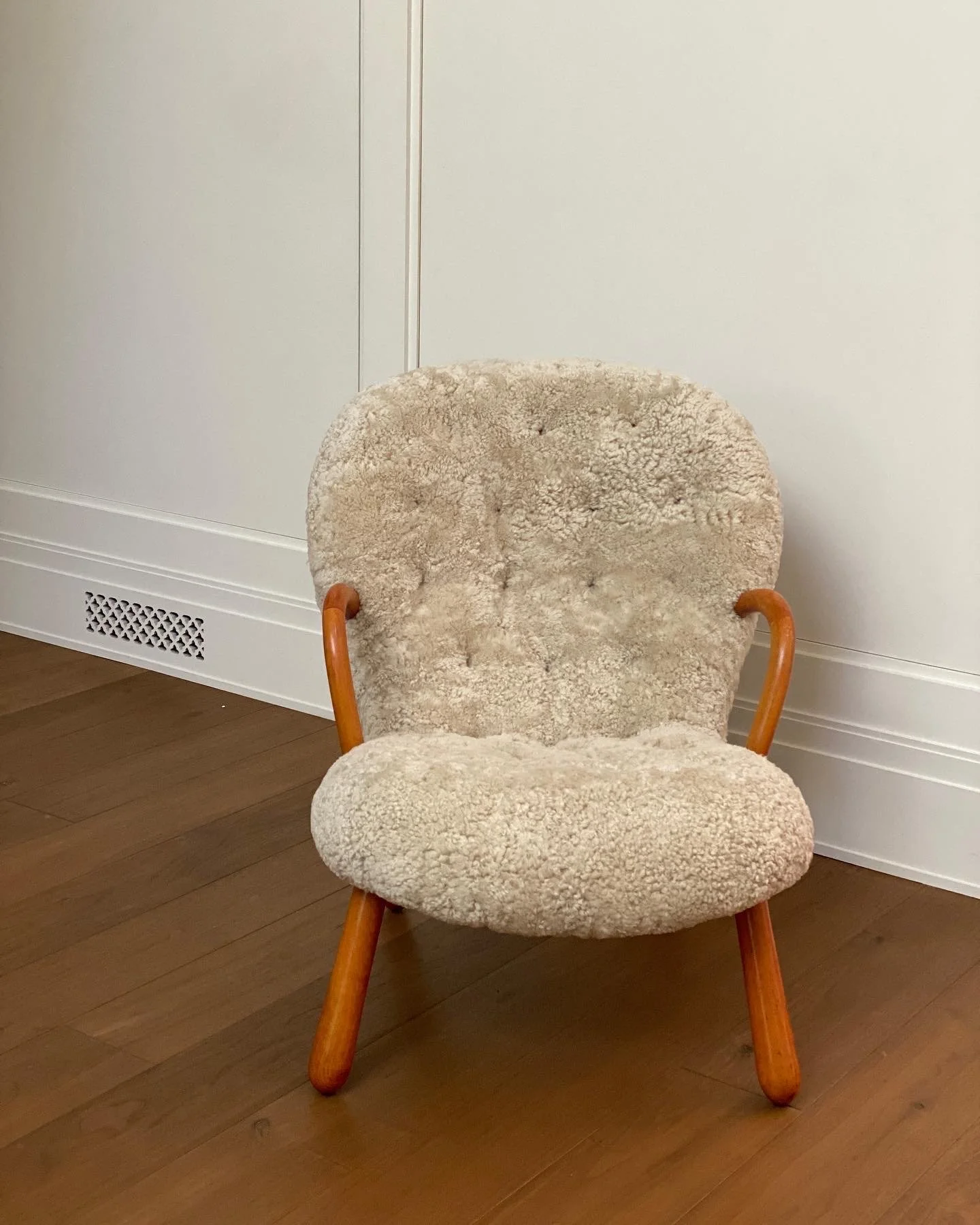 Norwegian Clam Chair by Vik & Blindheim in Beech and Shearling, Designed by Arnold Madsen, 1940s 33 x 27 x 33 inches deep