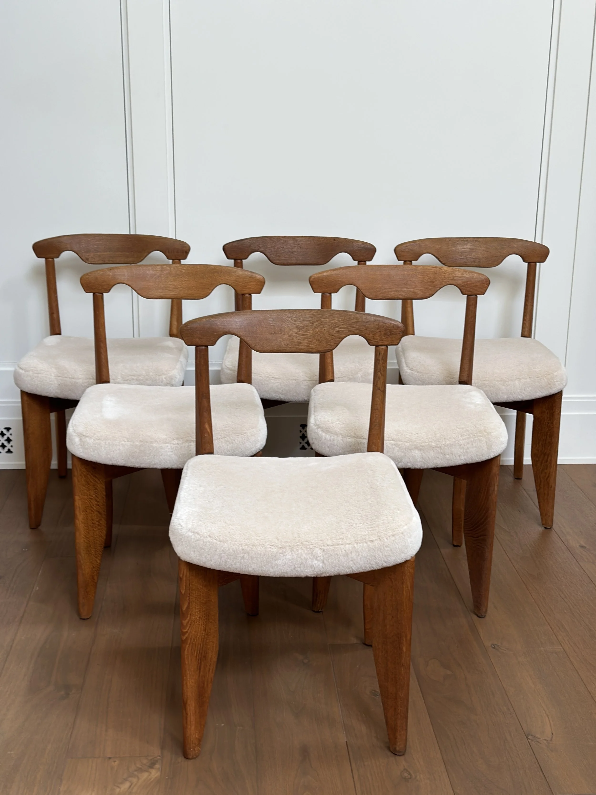 Chairs by Guillerme et Chambron in Oak and Alpaca (Set of 6 Available) France, c. 1950 30 1/2 H x 17 1/2 W x 20 inches D (18 inch seat height)