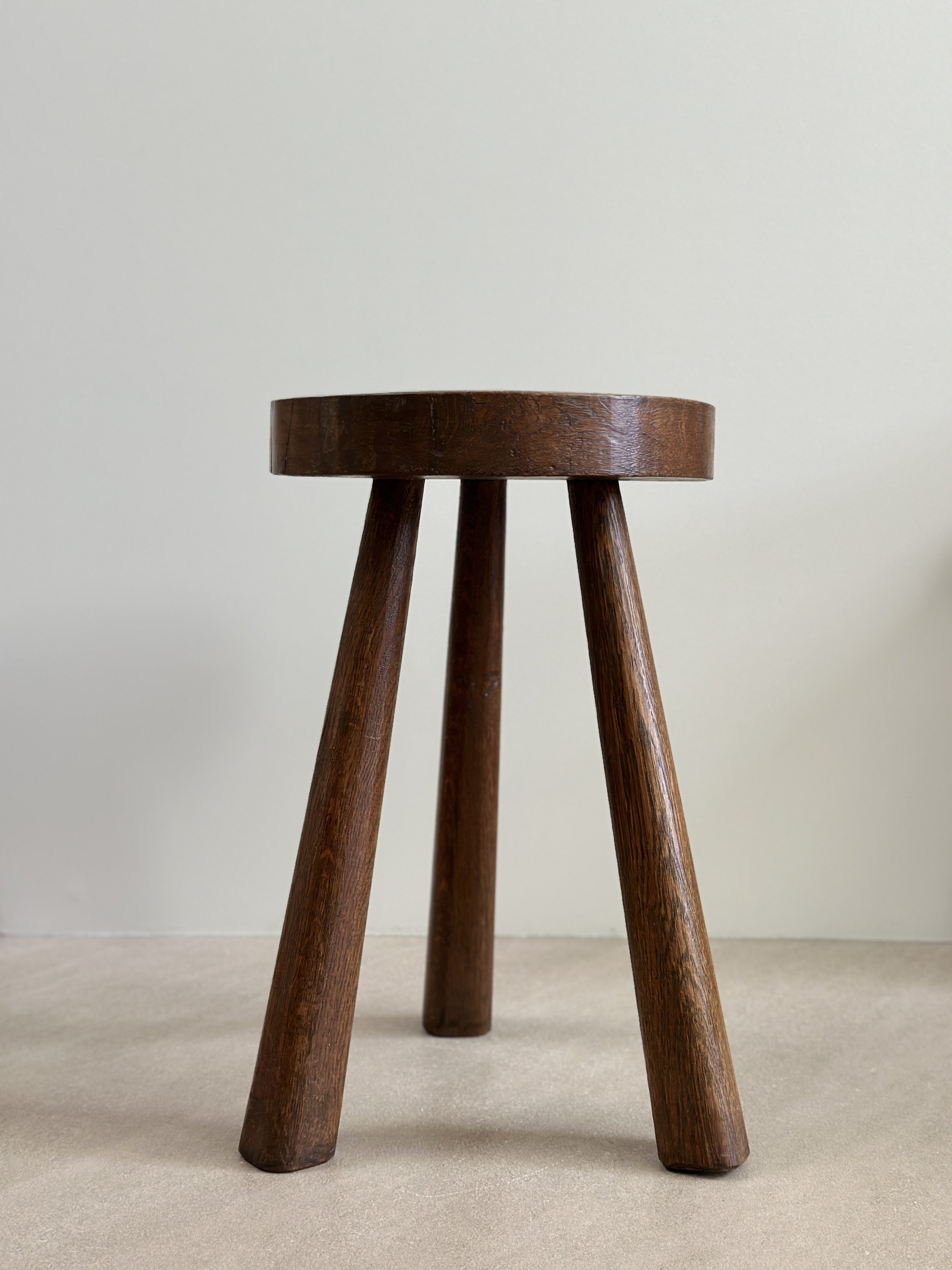 Rare Tripod Stool in Oak by Jean Touret and the Artisans of Marolles, France c. 1950 18 x 11 inches