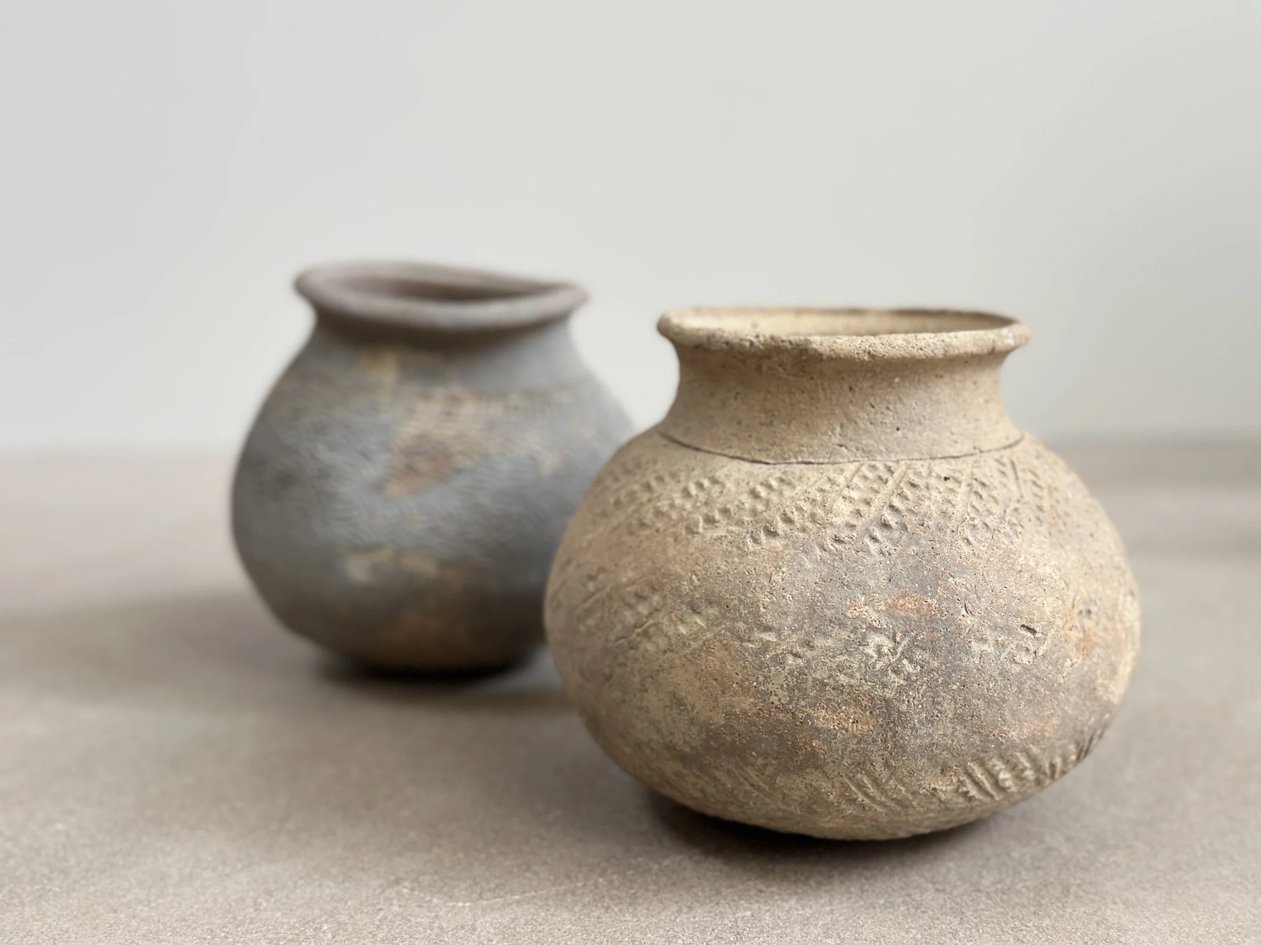 Primitive Ceramic Pots with Etched Rims