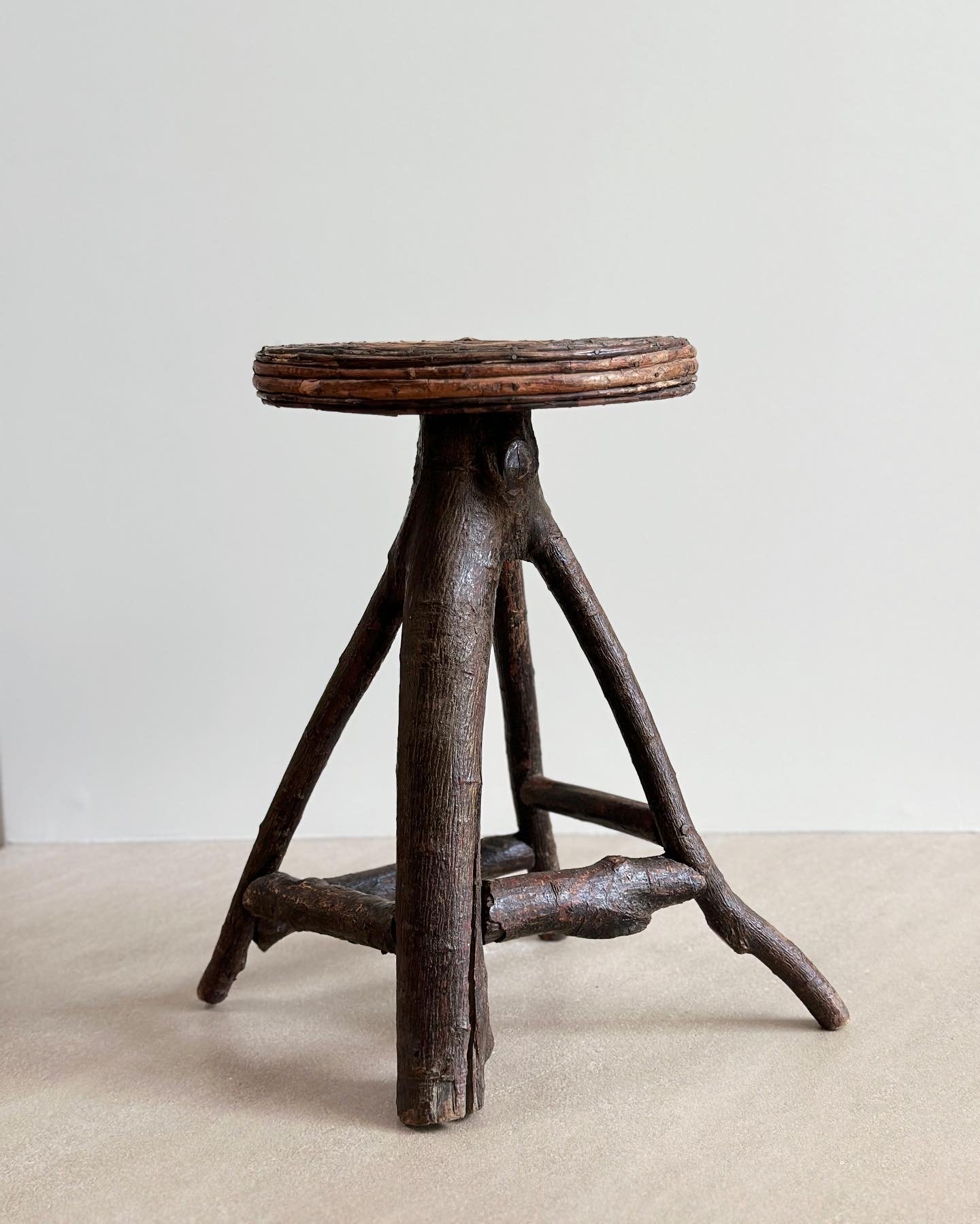French Folk Art Stool in Wood and Woven Wicker 17 x 13 x 17 inches tall