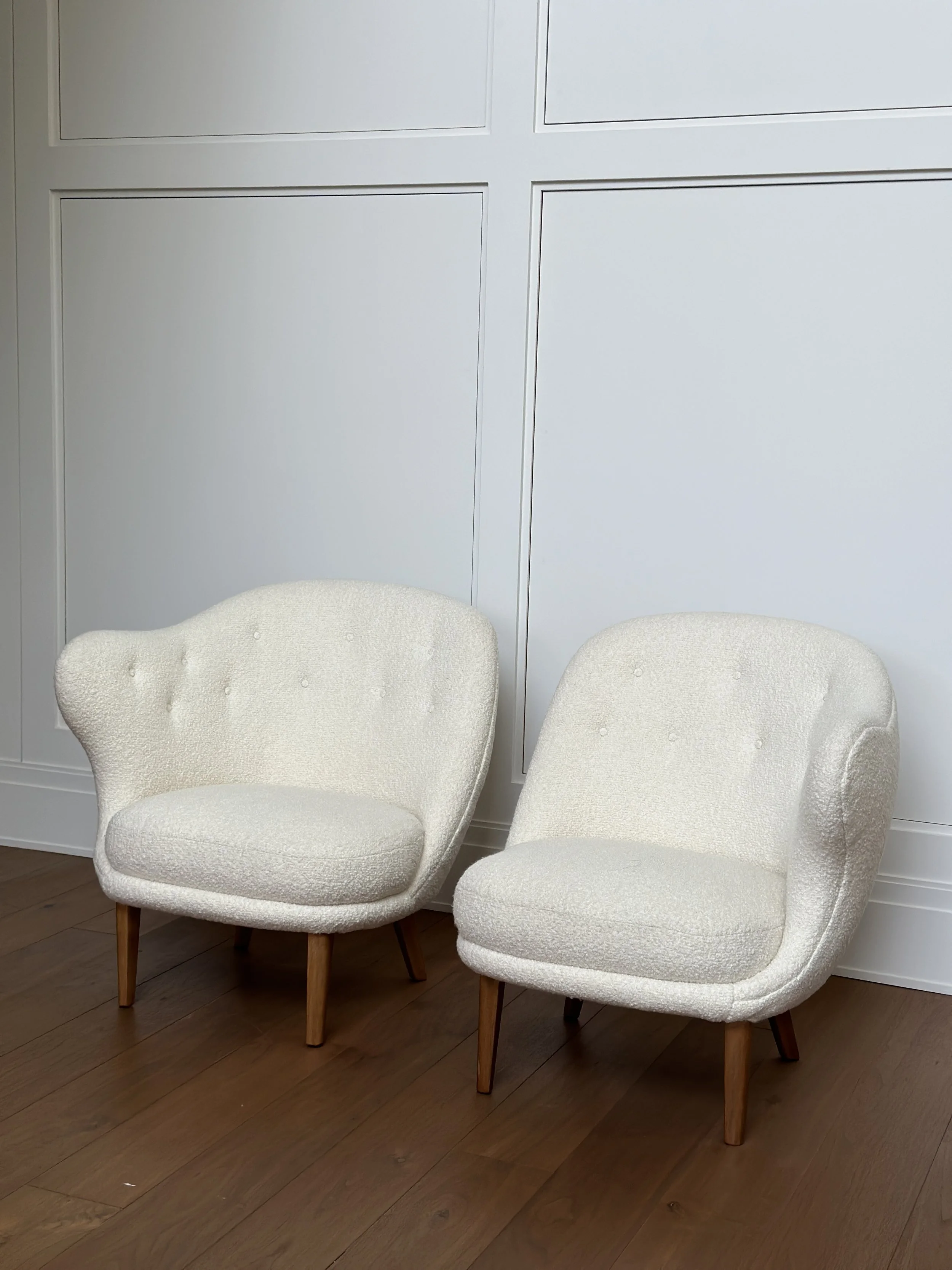 Rare pair of Arne Norell “Gary” (The Thumb) Easy Chairs for Gosta Westerberg, Sweden 1950s Reupholstered in Rose Uniacke Boucle 27 (W) x 31 (H) x 32 (D) Seat height 16 inches