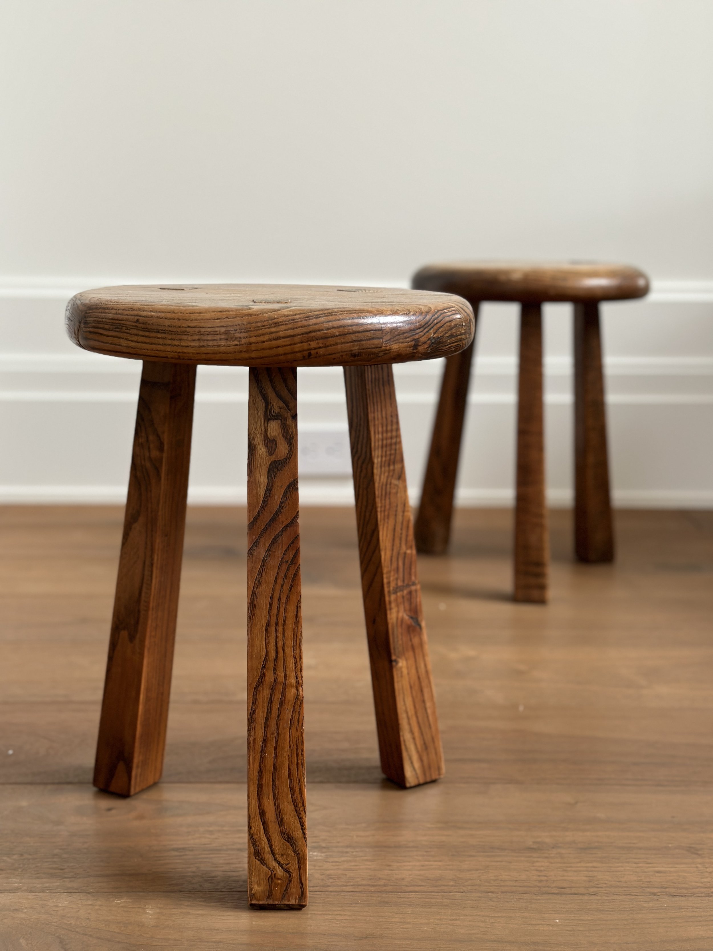 Midcentury French Tripod Stools in Oak