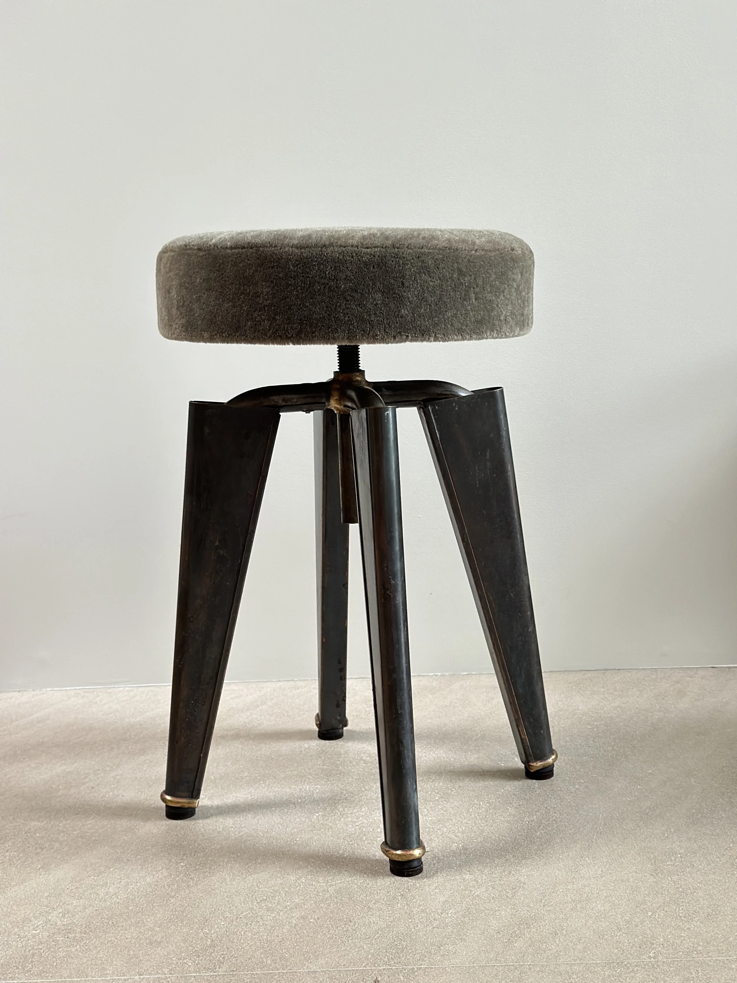 “Clemenceau” Stool by Maison Dominique in Steel and Mohair, France c. 1960 13 x 19 inches tall and adjustable SOLD