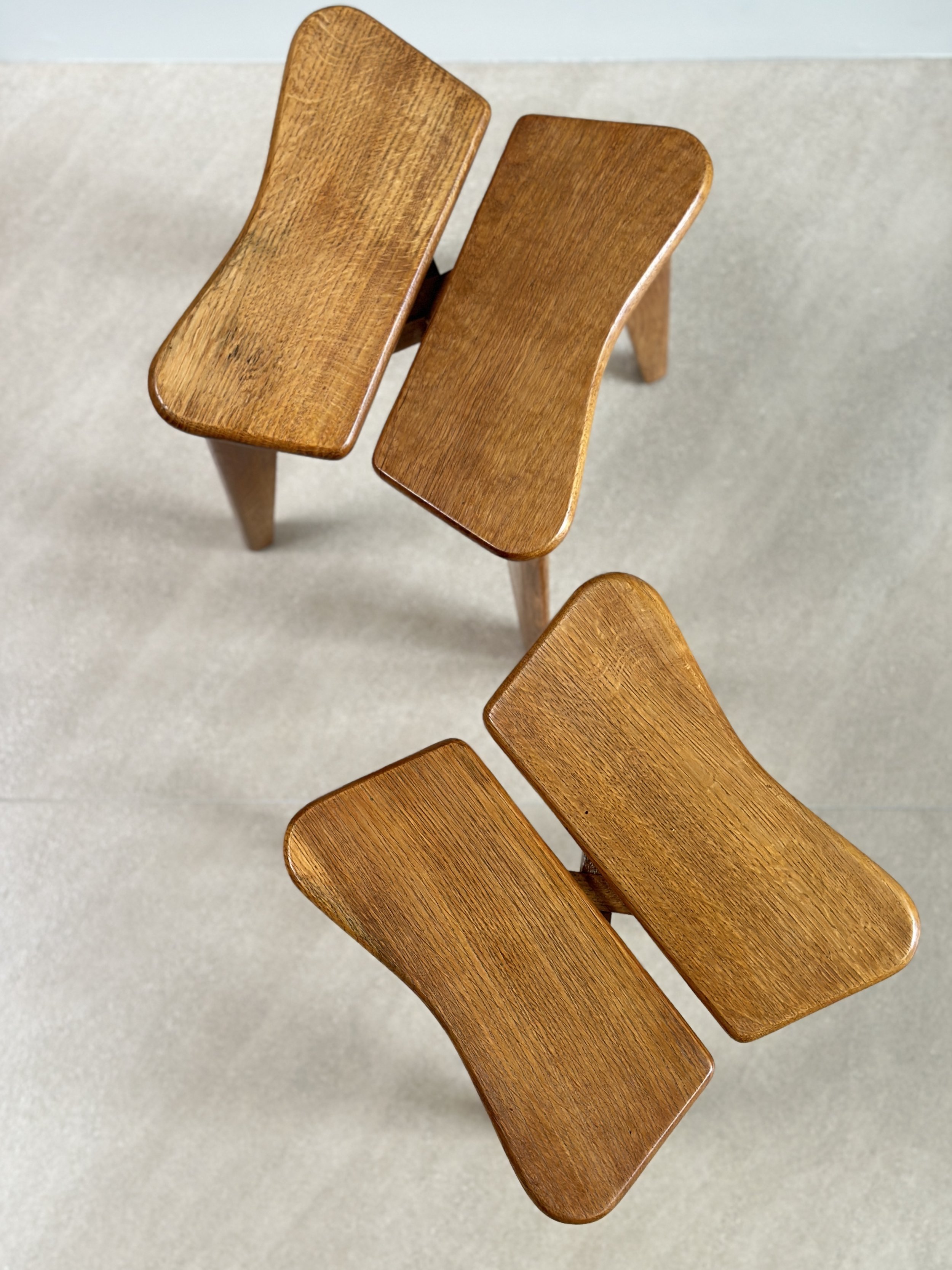 Pair of Vintage Marcel Gascoin “Trefle” Stools in Oak, France 1950s
