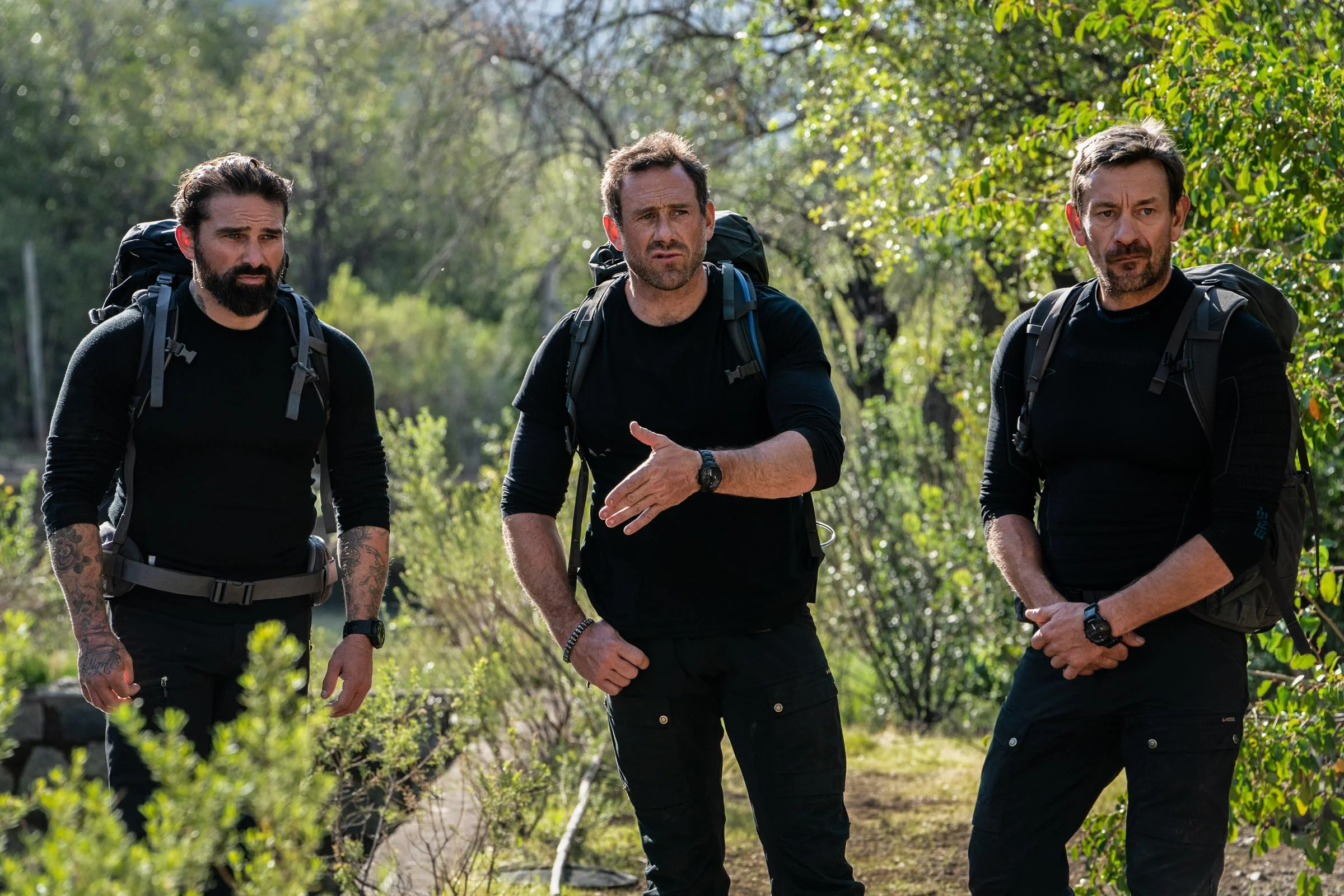 Chief Instructor Ant Middleton and DS Jason Fox & Ollie Ollerton at the Animas Hills Log Pools after the uphill race Episode 2 Minnow Films / Channel 4