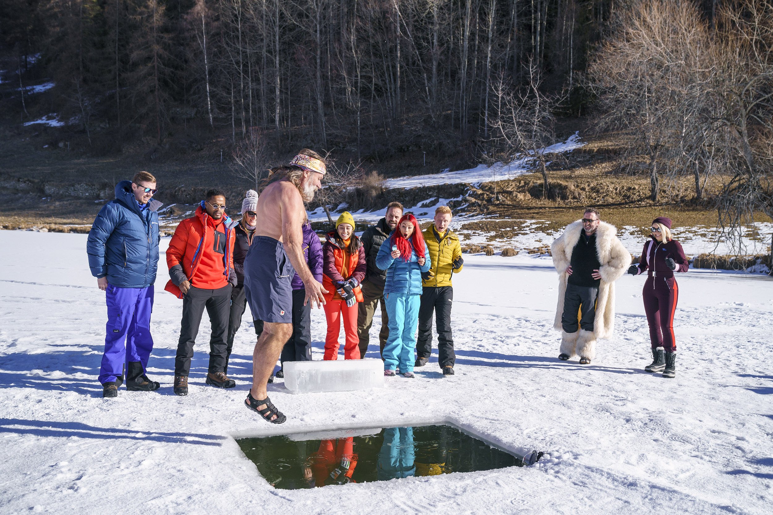  Wim demonstrates jumping into the ice hole after meeting the celebrities  Hungry Bear Media / BBC 