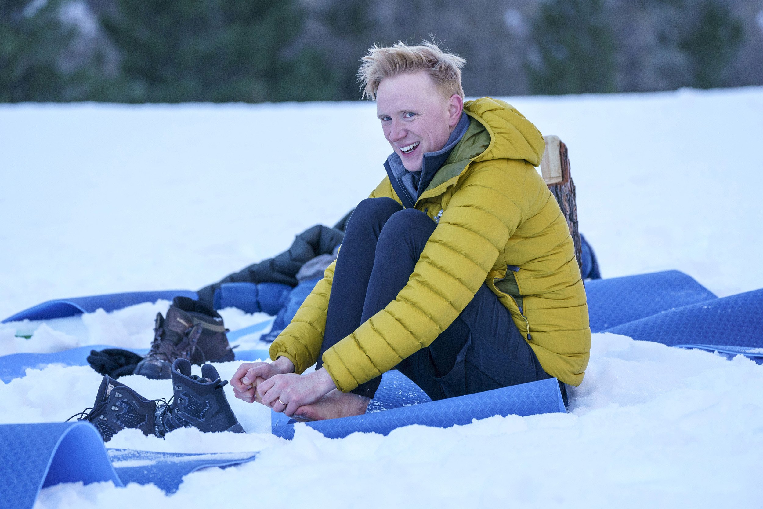  Owain Wyn Evans after walking bare foot in the snow  Hungry Bear Media / BBC 