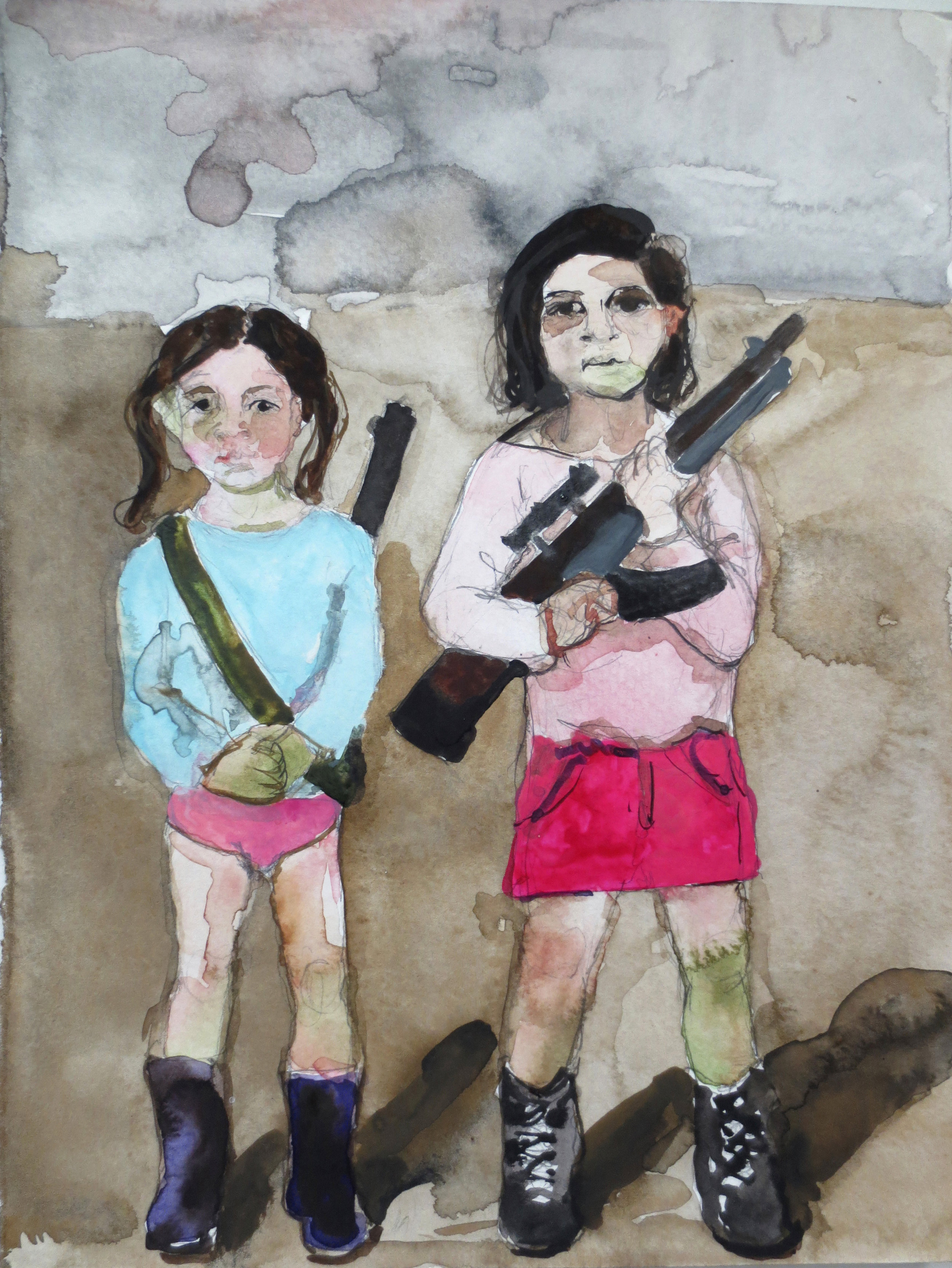 Girls with Guns, 2012, Graphite and watercolor on paper, 12 x 9 in.