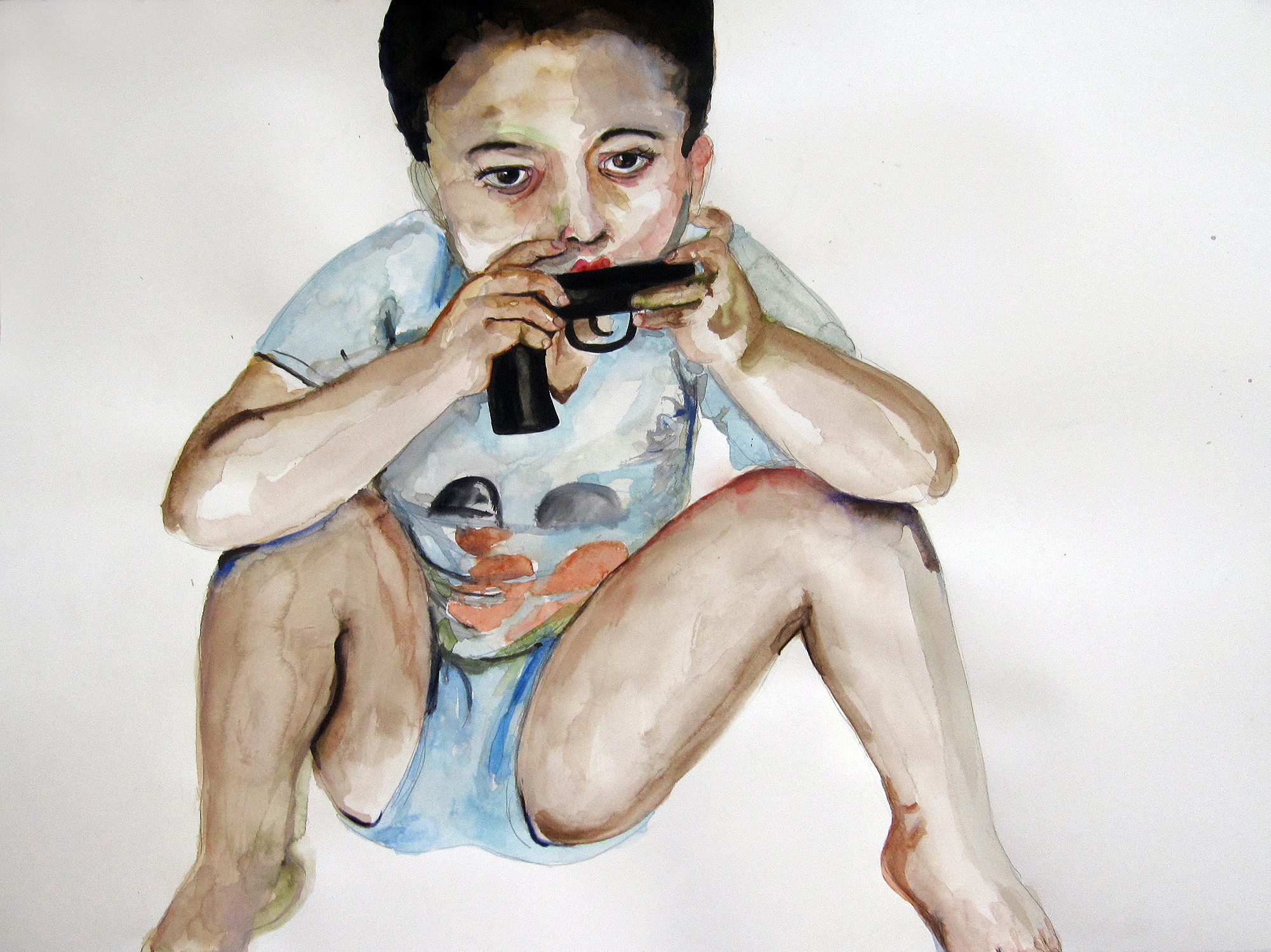 Boy Squatting, 2010, Graphite and watercolor on paper. 22 x 30 in.