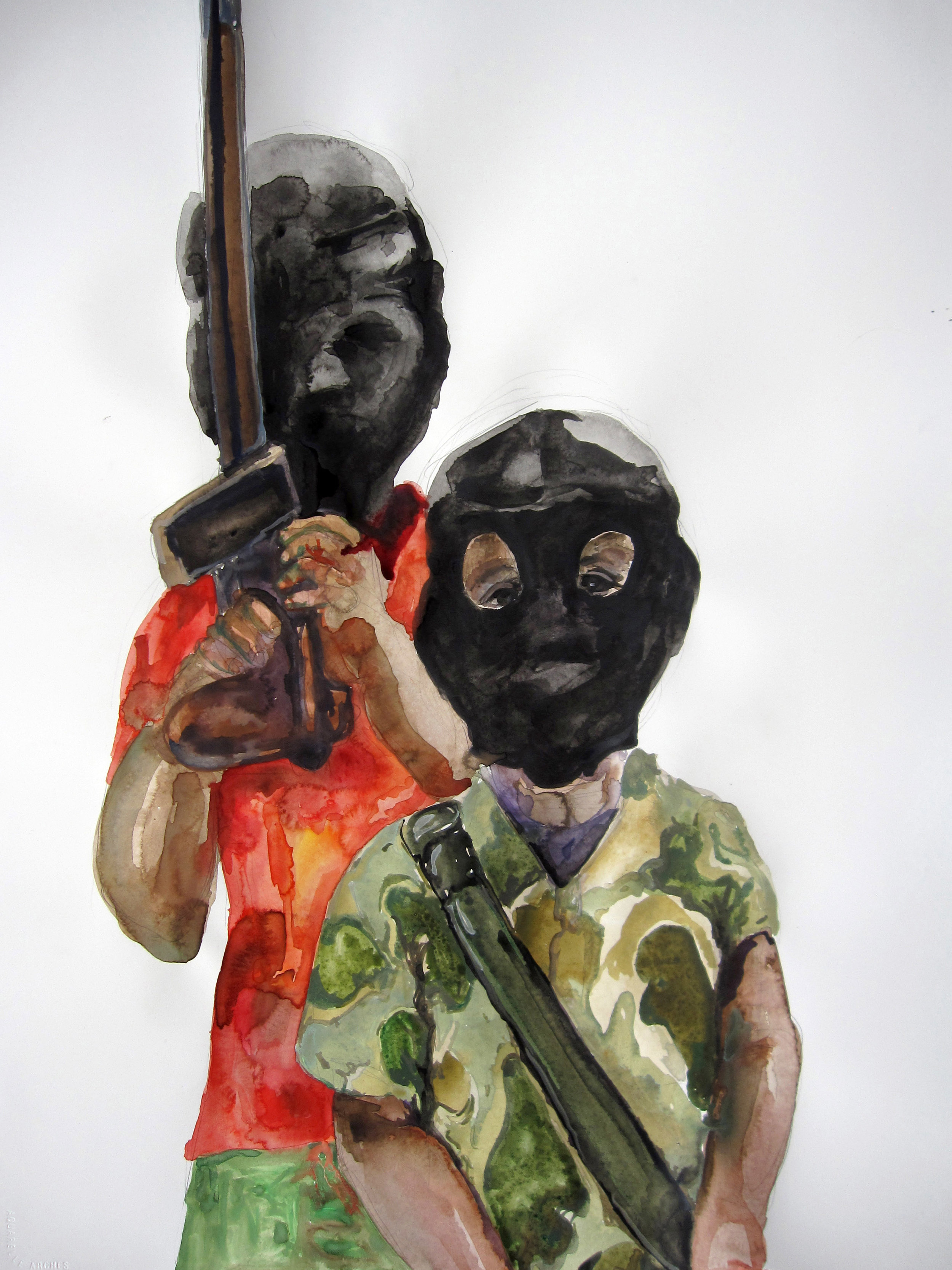 Boys Playing with Guns, 2010, Graphite and watercolor on paper. 30 x 22 in.