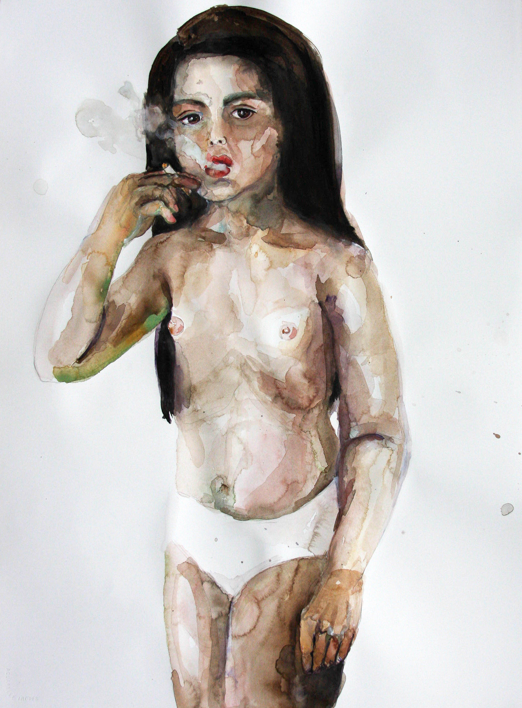 Fumando 4, 2010, Graphite and watercolor on paper, 30 x 22 in.
