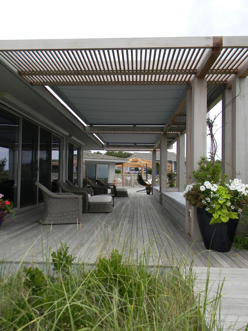 steel pergola with retractable canopy on Stafford Design Build