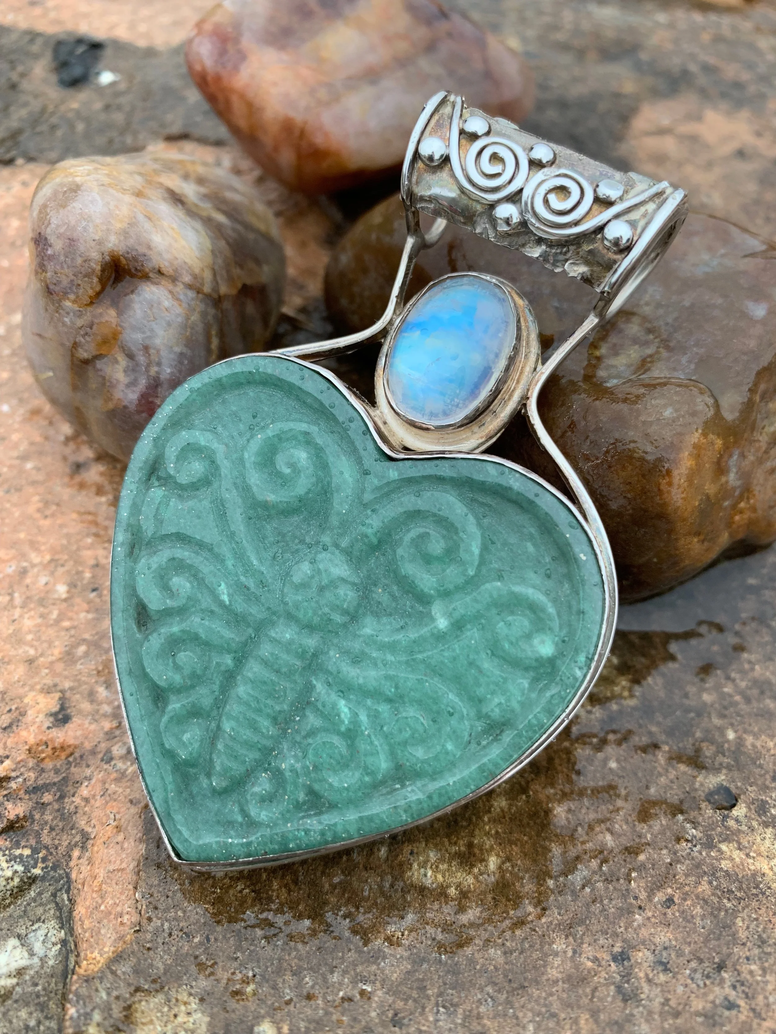Jade Butterfly Heart Pendant with Moonstone