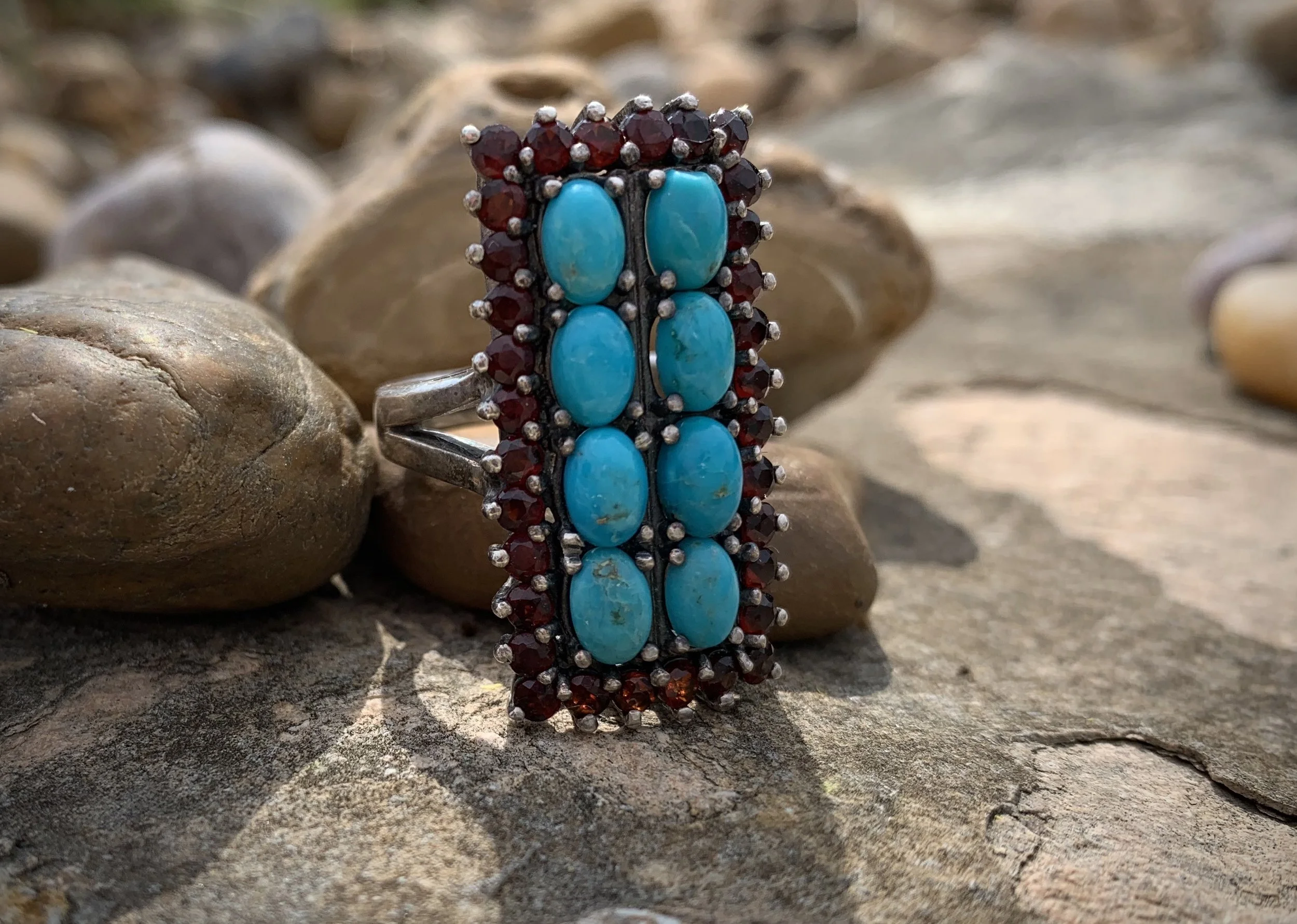 Turquoise and Garnet Rectangle Ring