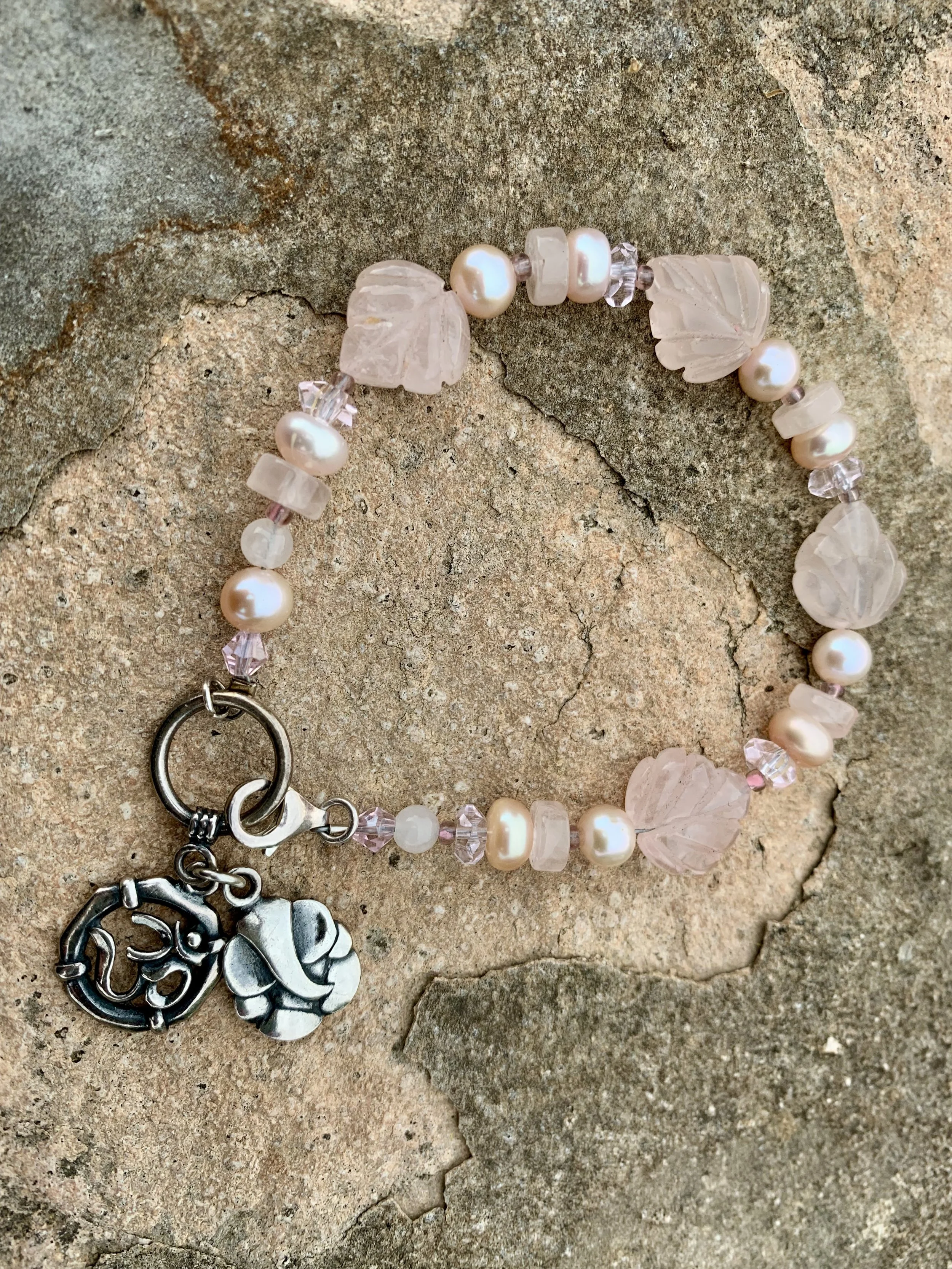 OM Collection - Ganesh OM Rose Quartz and Swarovski Crystal Bracelet