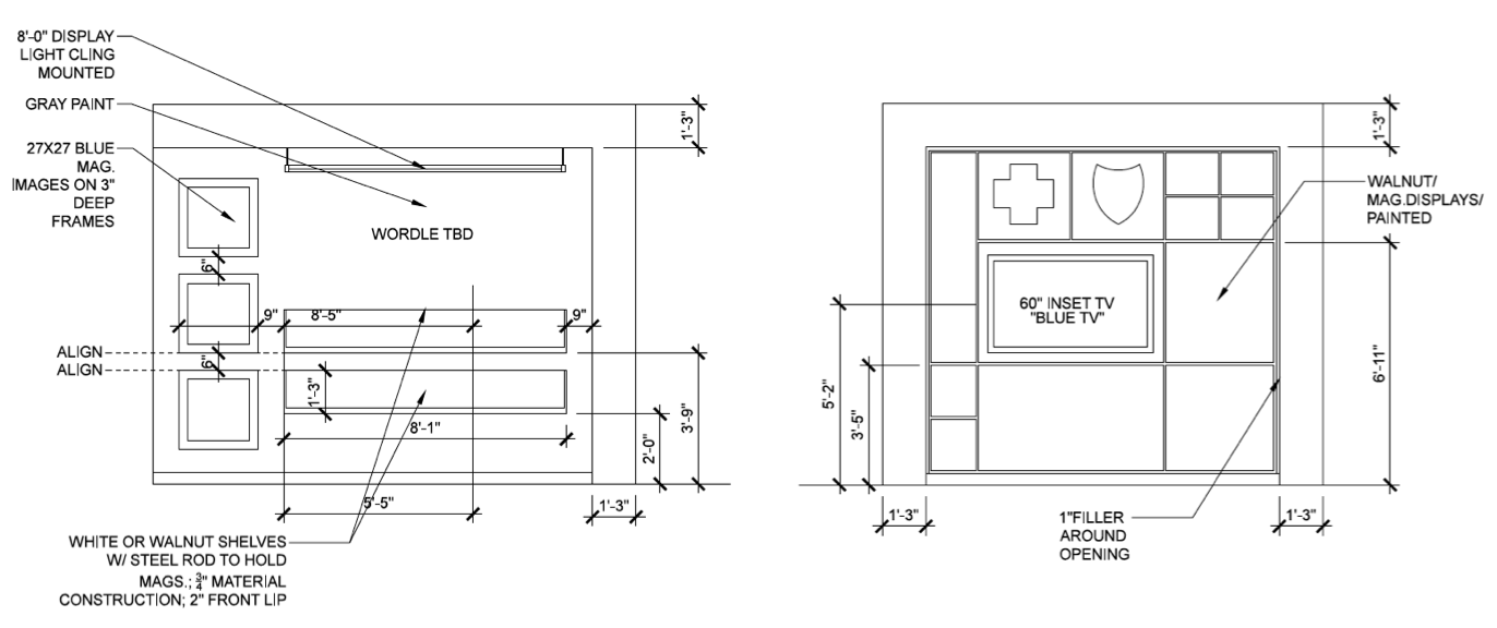 Interior elevations illustrate every detail of the custom millwork and graphics that will make the space come to life.