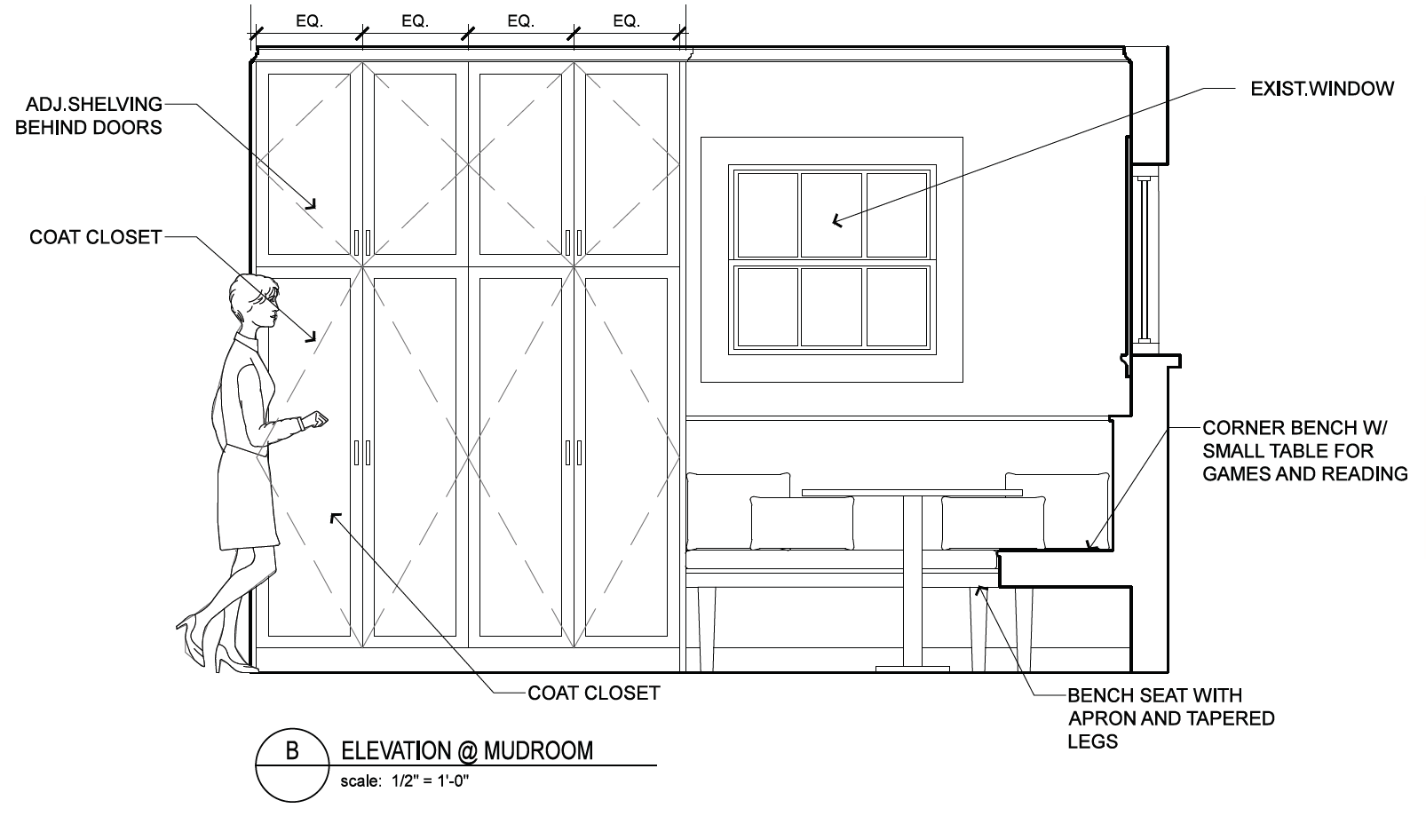 This interior elevation shows a new built-in banquette and the new cabinetry that it will seamlessly integrate into.