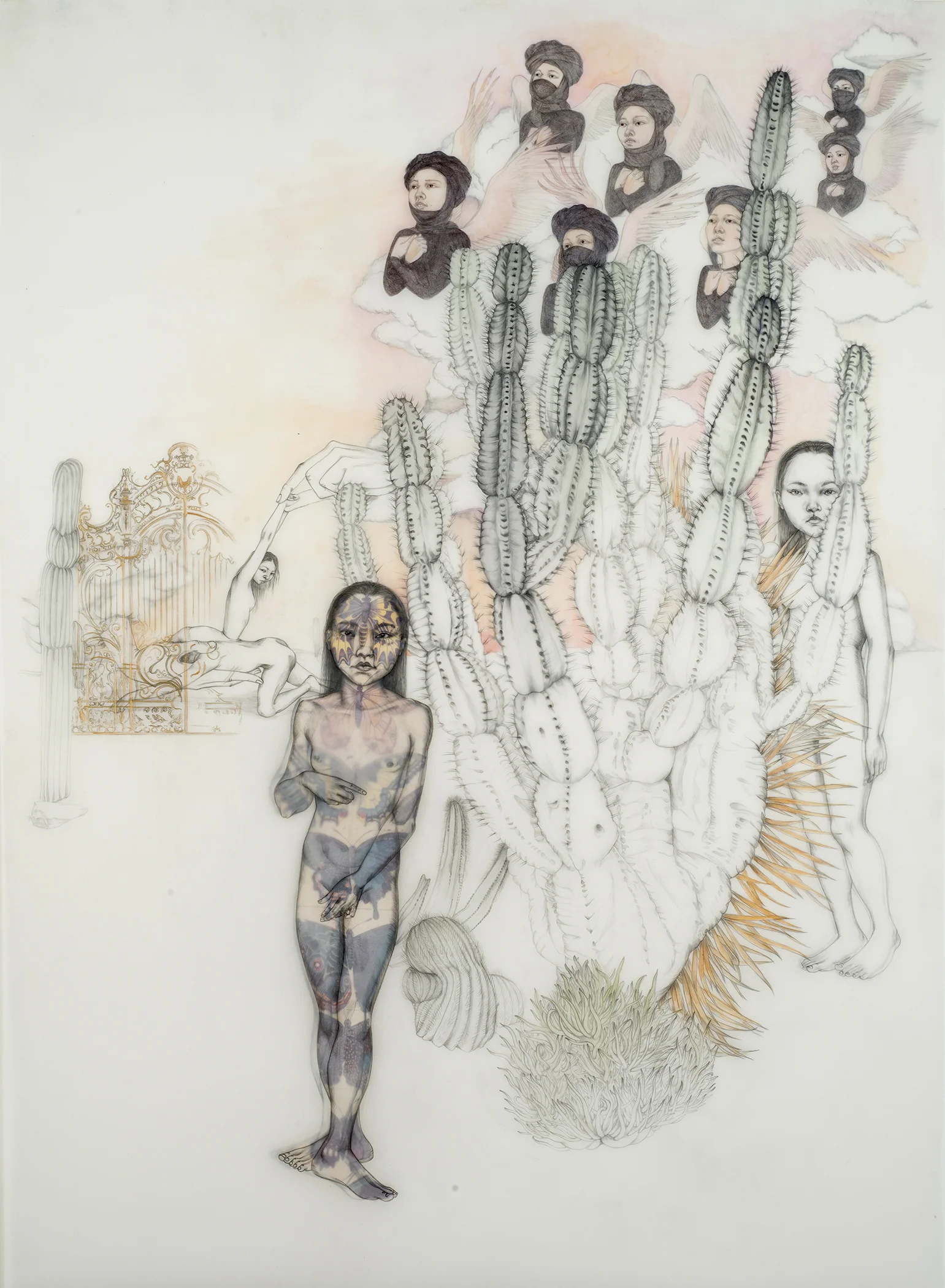Third Time's The Charm , 2017 Graphite, acrylic and collage on layered sheets of drafting film 40 x 32 inches Photo: Bill Orcutt