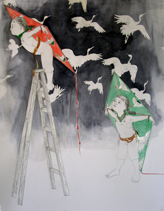   Kite Flying II, &nbsp;2005 Graphite, ink on gray paper 38 X 50 inches Private collection&nbsp; 