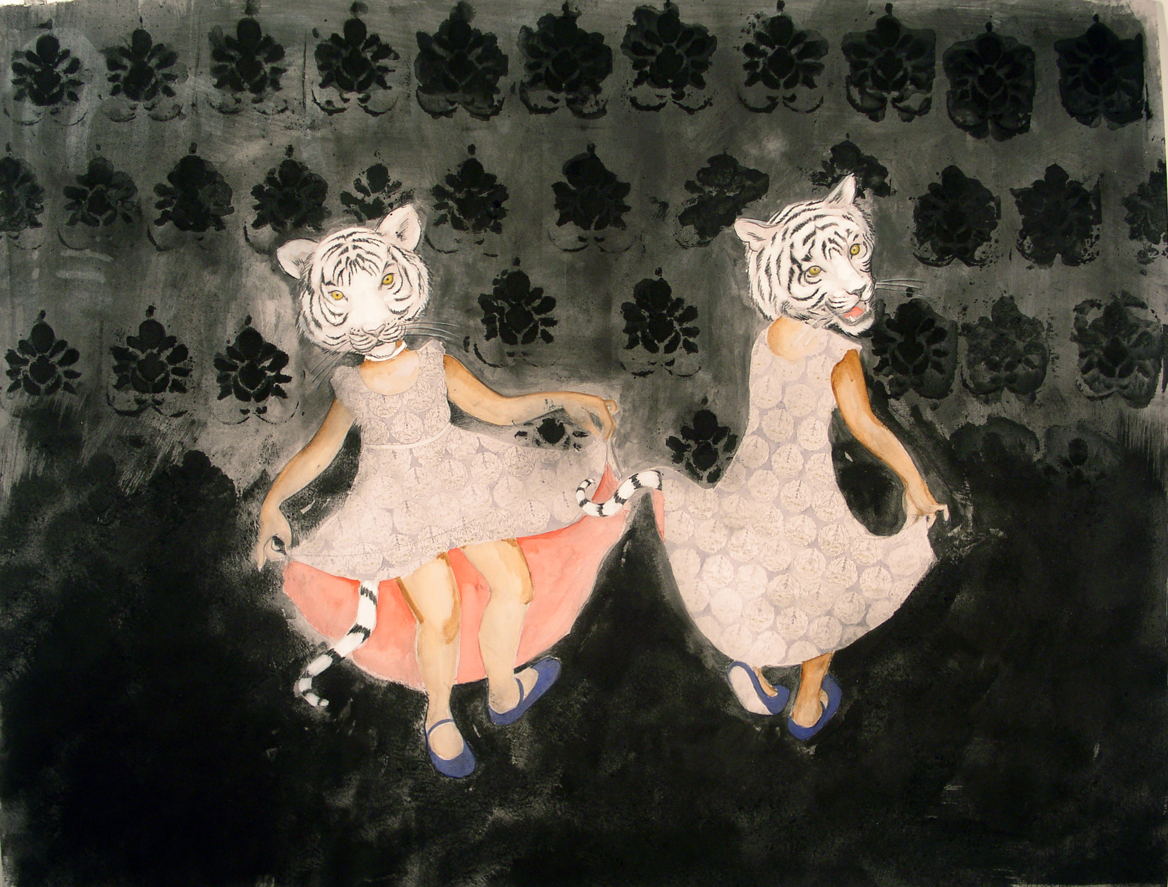   Tiger Girls&nbsp; , 2005 Charcoal, glue, graphite, ink and watercolor on gray paper 38 X 50 inches Private collection&nbsp; 