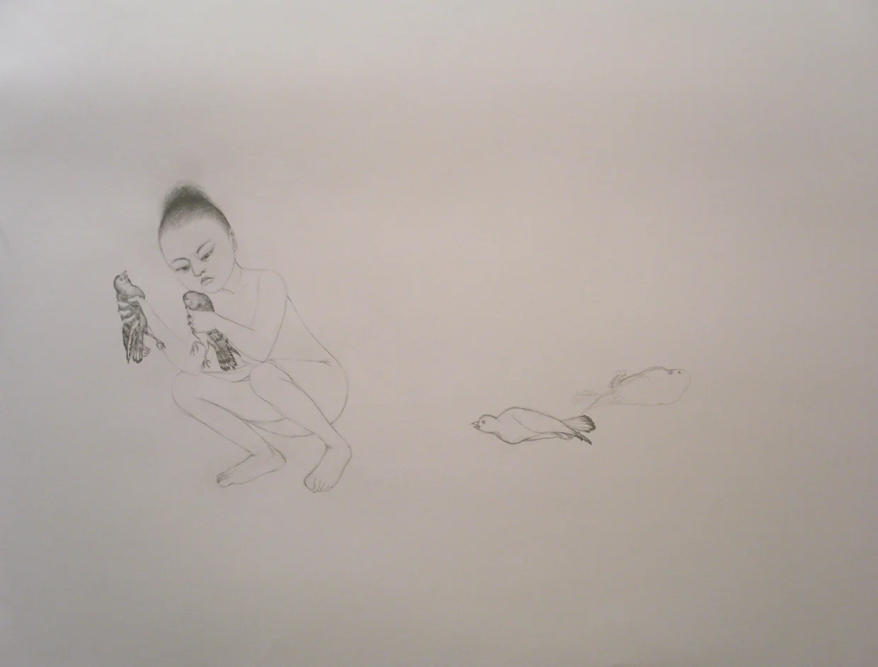 Bird In Hand , 2006 Graphite on gray paper 38 X 50 inches Private collection 
