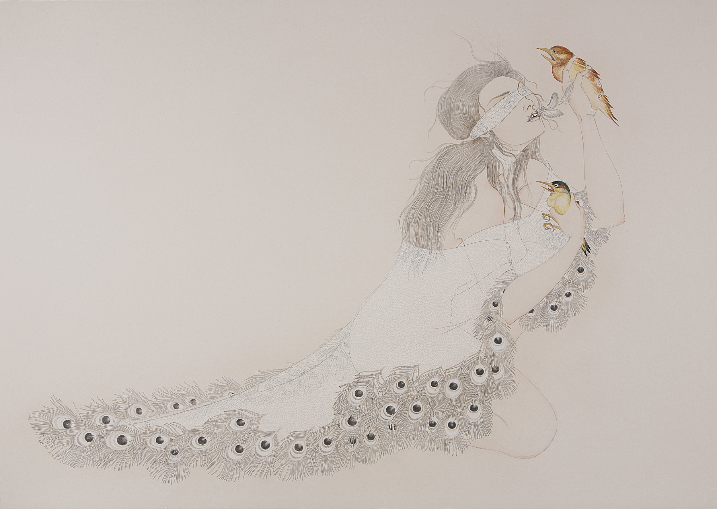   Birds Of A Feather , 2009 Graphite, ink, watercolor on ivory Fabriana Rosaspina 27.5 x 39 inches Private collection 
