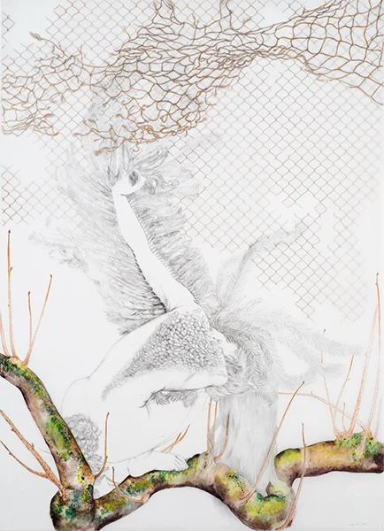 Net , 2015 Graphite, oil and metallic color on layered and cut drafting film 42 x 30 inches Photo: Bill Orcutt