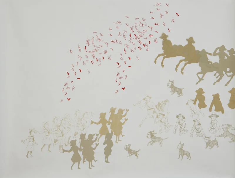 Volley: Scouts And Dragoons , 2011 Four-color unique silk screen print 48 X 57 inches Produced as artist-in-residence at Women's Studio Workshop, Rosendale, NY Photo: Bill Orcutt
