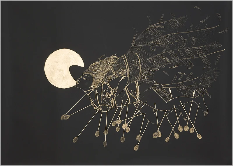 The New Icarus , 2010 Metallic watercolor on black Stonehenge paper 50.5 X 72 inches Photo: Bill Orcutt