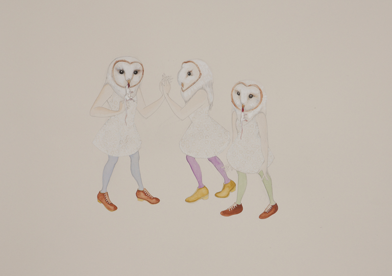   Owl Girls , 2010 Graphite, watercolor on ivory paper 27 1/2 x 39 inches Photo: Bill Orcutt 