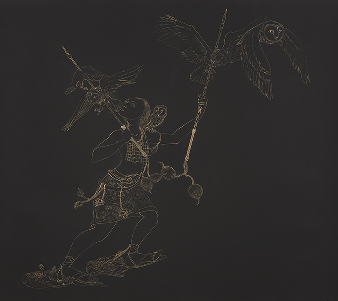   Owl Hunt , 2010 Metallic color on black Stonehenge paper 50.5 x 60 inches&nbsp; Photo: Bill Orcutt 