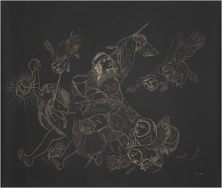   Owl Hunt II , 2010 Metallic color on black Stonehenge paper 50.5 x 60 inches&nbsp; Photo: Bill Orcutt 