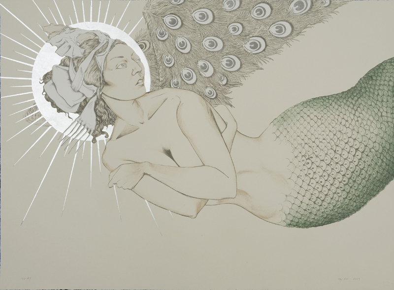   Mermaid In Flight , 2009 Six-color lithography with silver leaf  22 x 30 inches In collaboration with the Tamarind Institute/Master Printer Bill Lagattuta 