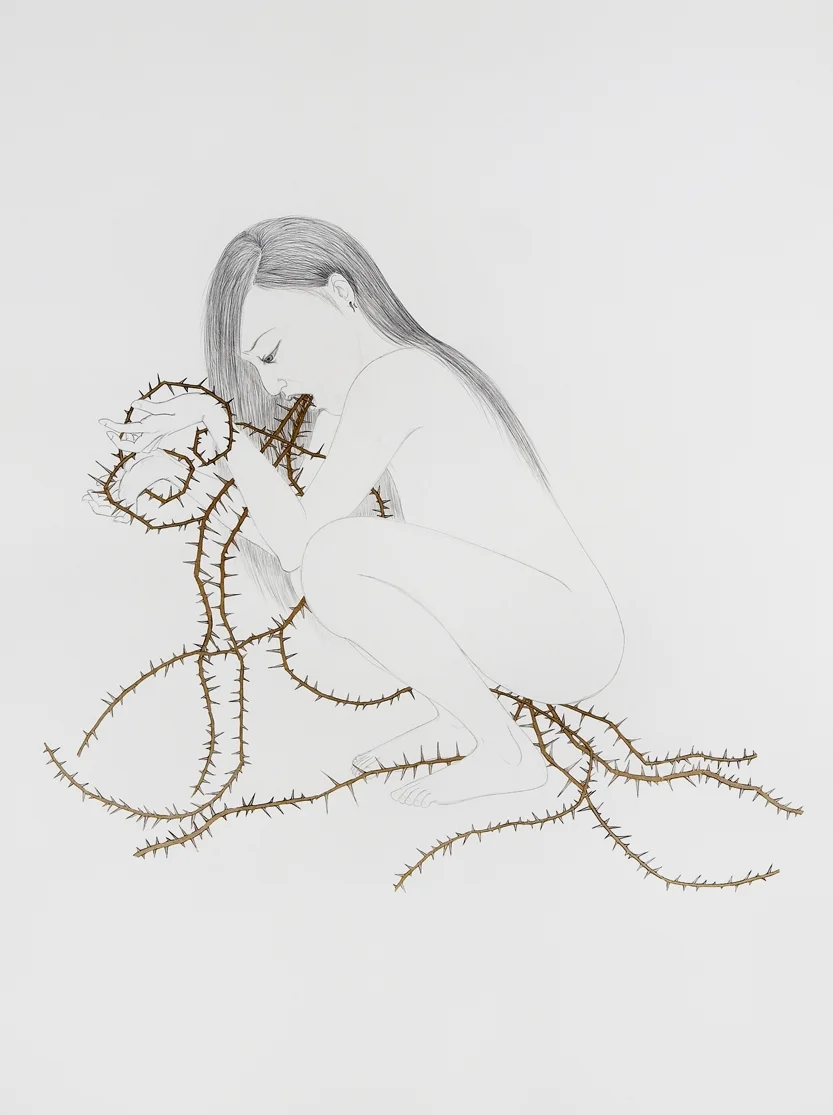 Thorny Girl , 2007 Graphite, collage, chalk on paper 50 X 38 inches Private Collection 