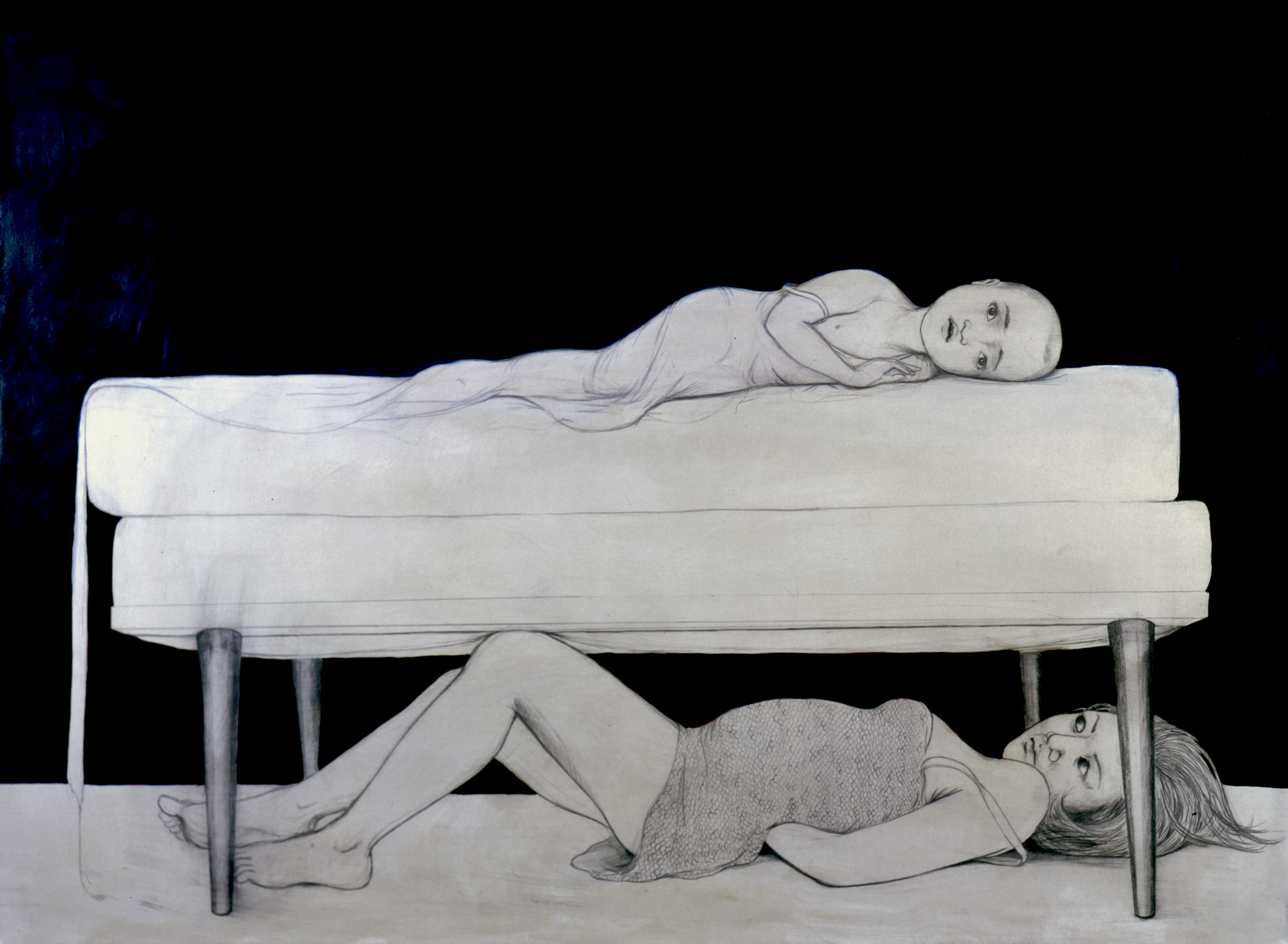   Under The Bed , 2004 Graphite, ink, acrylic on mounted gray paper 36 X 48 inches Private collection 