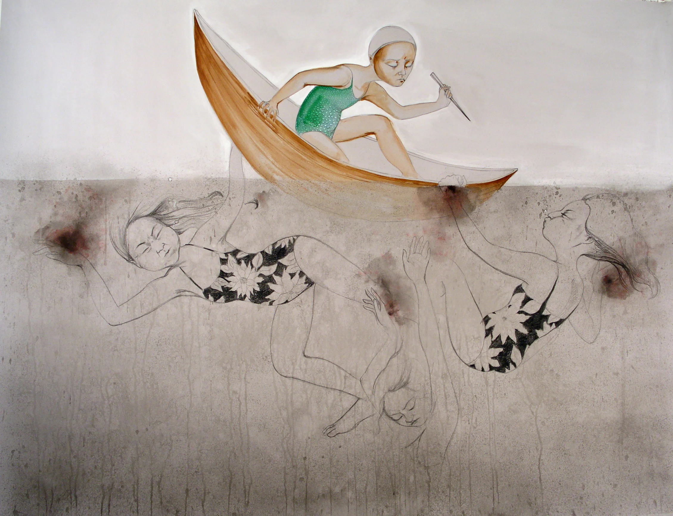 Room For Only One II, 2005 Graphite, ink and watercolor on gray paper 38 X 50 inches 