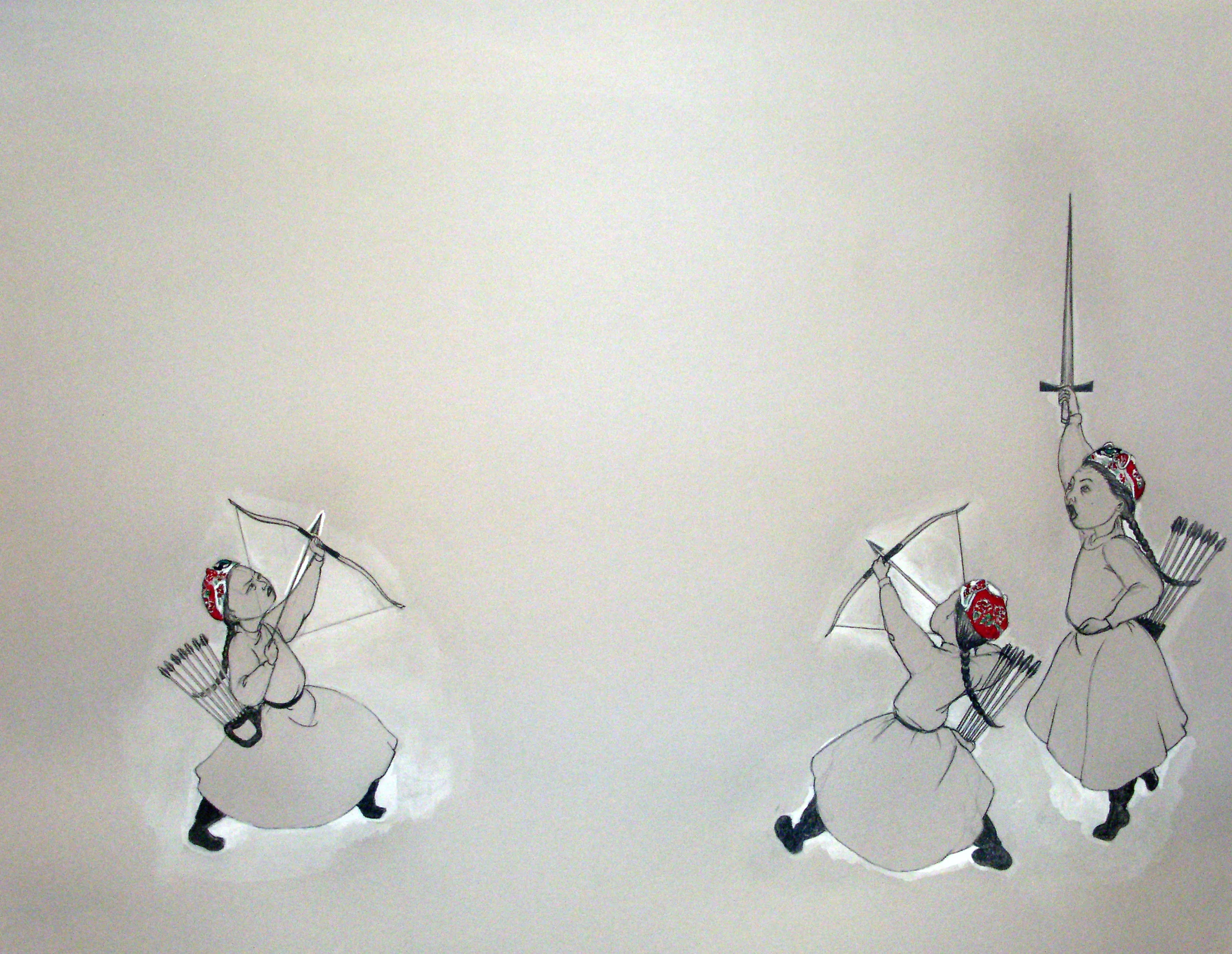 Showdown , 2006 Graphite, watercolor on gray paper 19 X 25 inches Private collection
