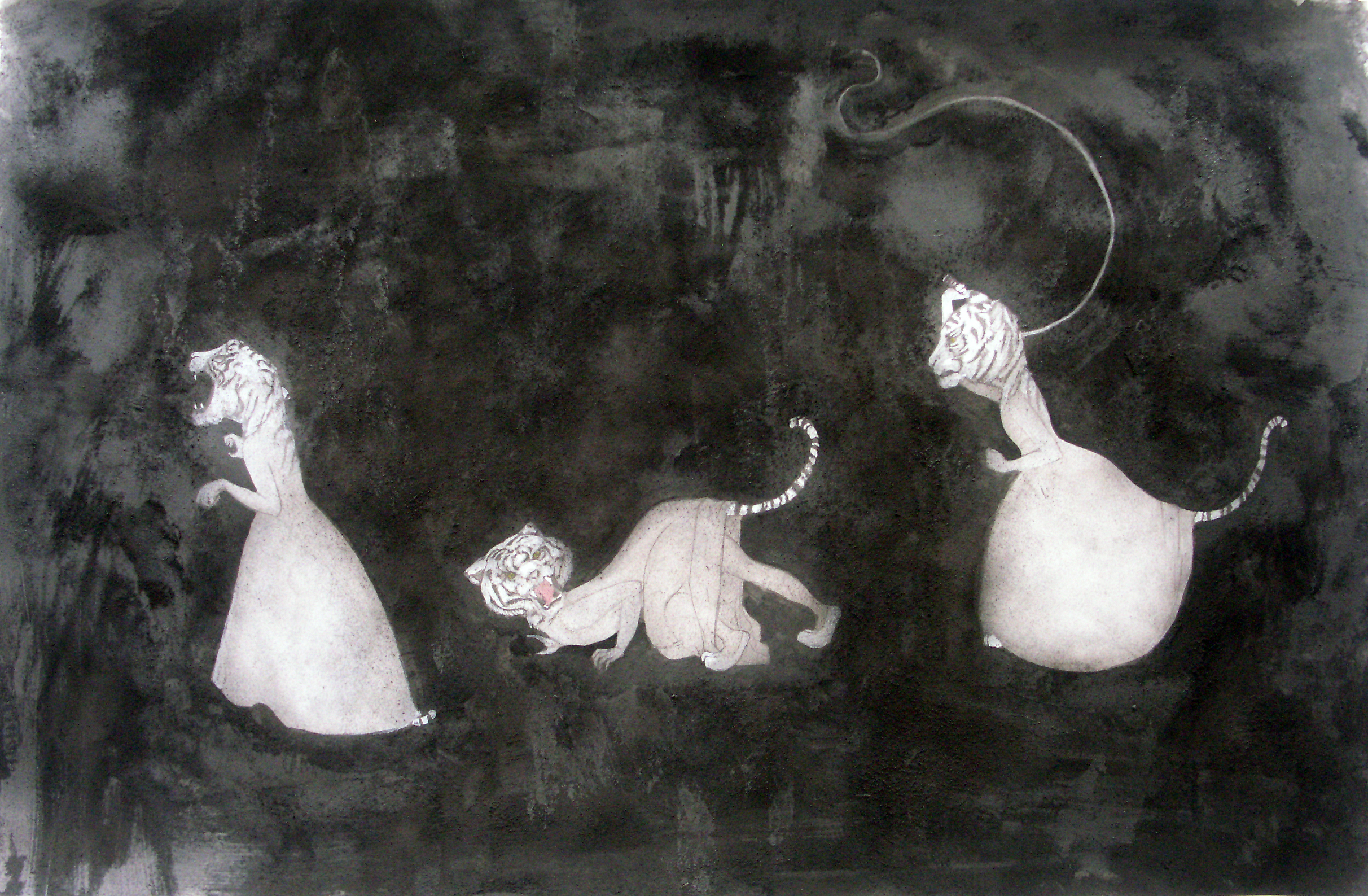   Tiger Girls III , 2006 Graphite, watercolor, glue, powdered charcoal on gray paper 25 X 38 inches Private collection&nbsp;  