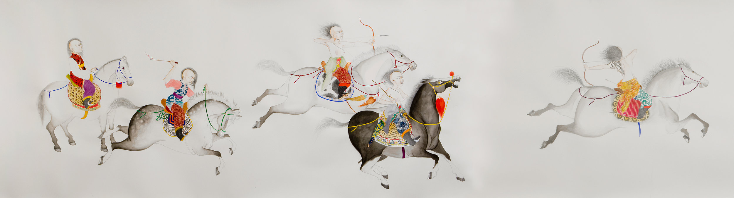   Women Warriors , 2008 Graphite, watercolor, gouache, ink on paper 50.5 X 192 inches Created during artist residency at Santa Fe Art Institute, Santa Fe, NM Private collection 