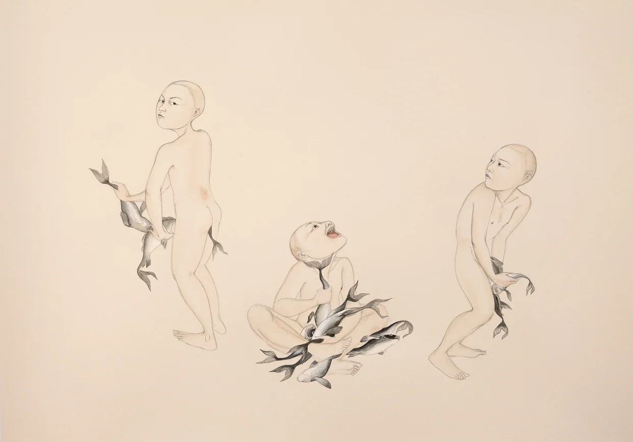 Fish Stick , 2009 Graphite, ink, watercolor on cream-colored paper 27.5 x 39 inches
